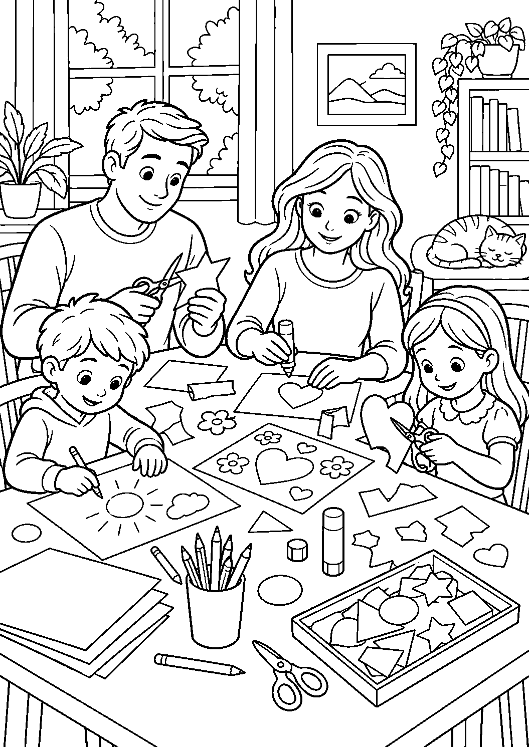 Coloriage famille représentant famille découpant, collant et dessinant autour d’une grande table, dessin gratuit à imprimer