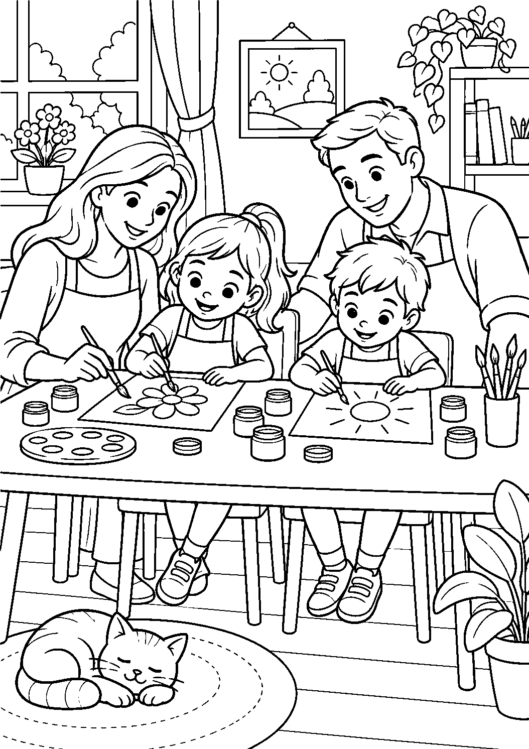 Coloriage famille représentant adultes et enfants peignant sur des feuilles avec pinceaux et pots, dessin gratuit à imprimer