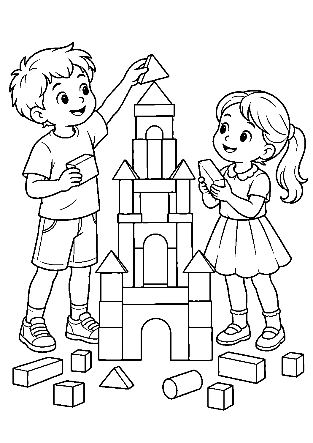 Coloriage famille représentant deux enfants construisant une grande structure avec des blocs génériques, dessin gratuit à imprimer