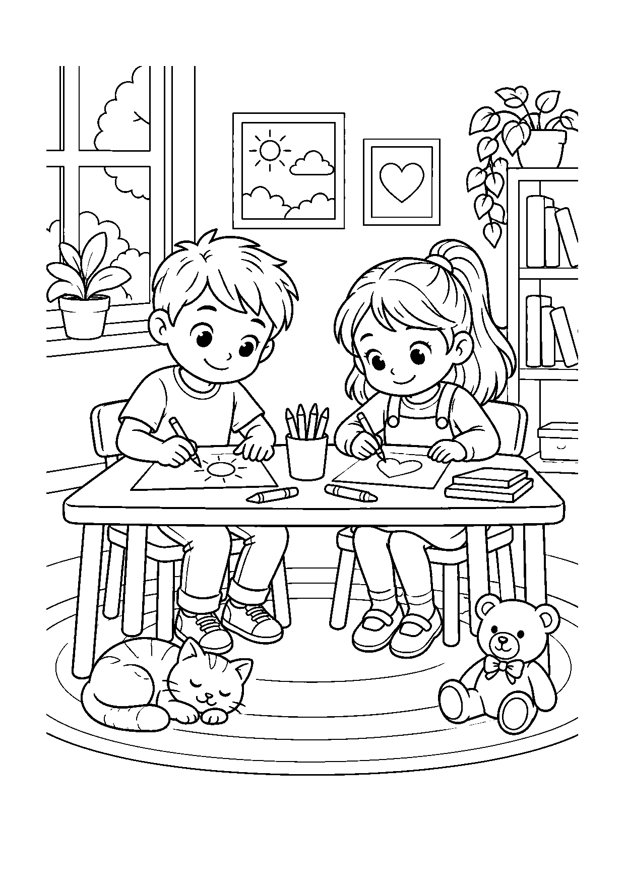 Coloriage famille représentant deux enfants dessinant côte à côte à une petite table, dessin gratuit à imprimer