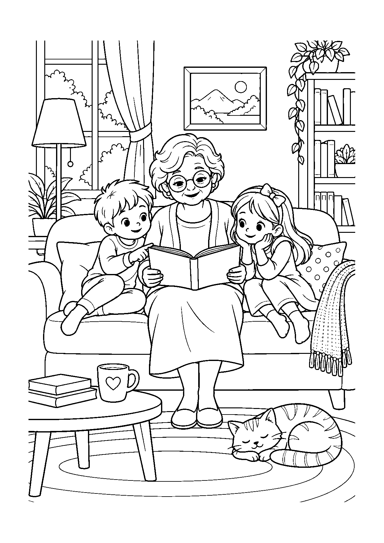 Coloriage famille représentant grand-parent lisant un livre avec deux enfants sur un canapé, dessin gratuit à imprimer