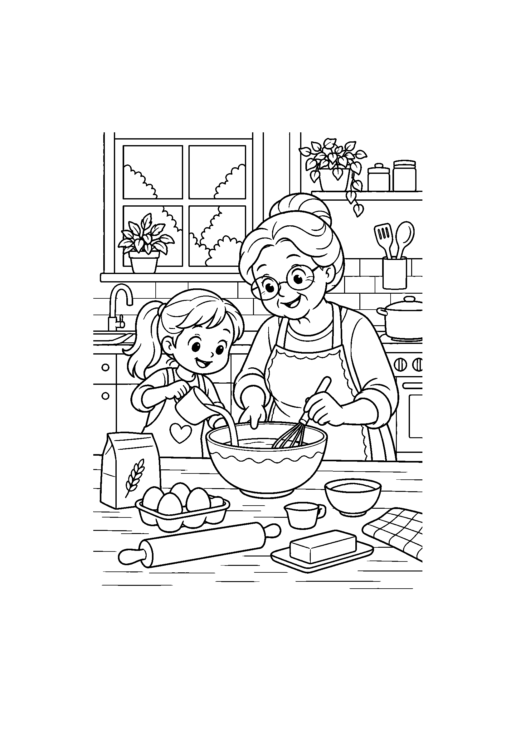 Coloriage famille représentant grand-parent et enfant préparant une recette simple dans une cuisine, dessin gratuit à imprimer