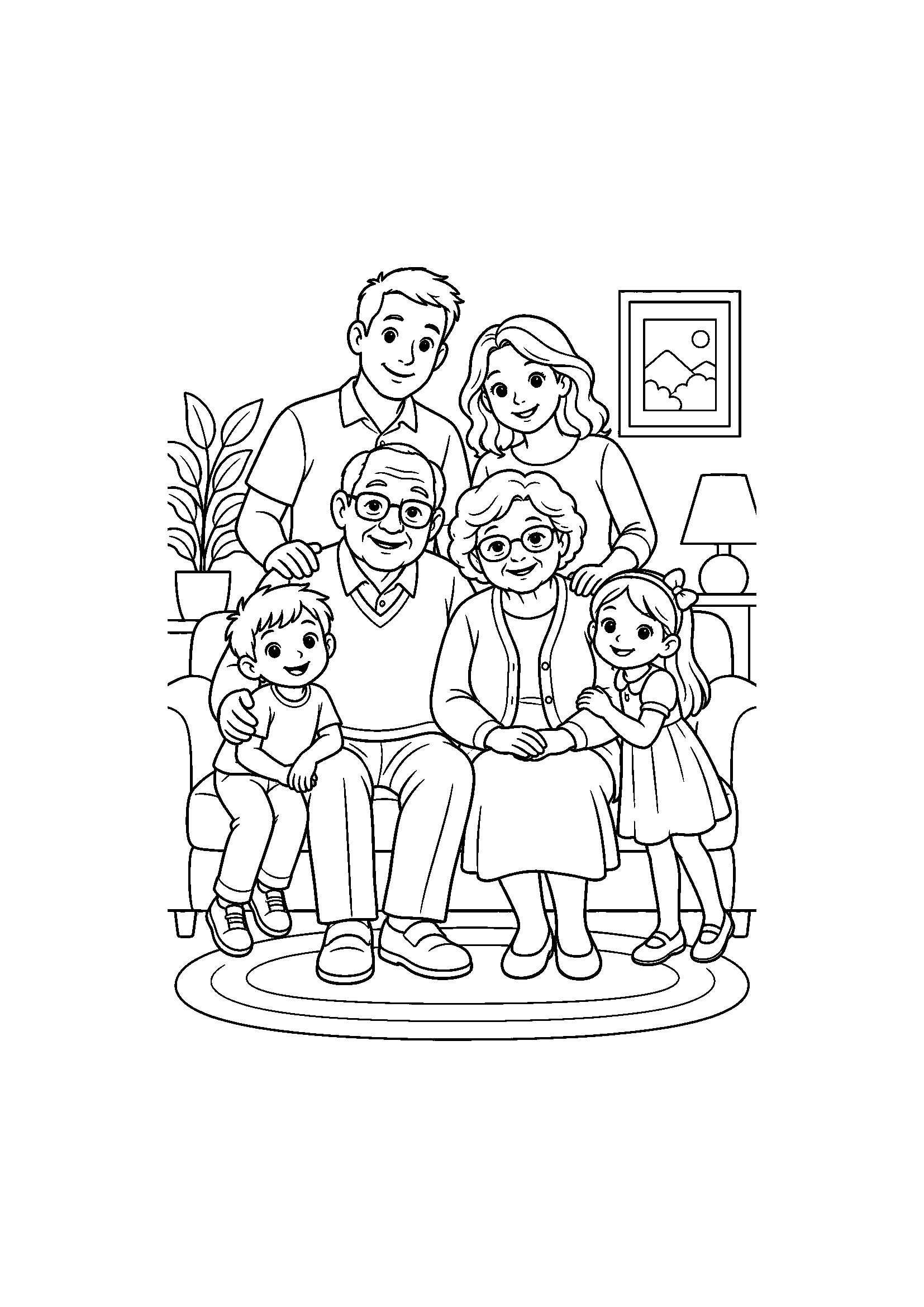 Coloriage famille représentant grand-parents, parents et enfants réunis pour un portrait familial chaleureux, dessin gratuit à imprimer