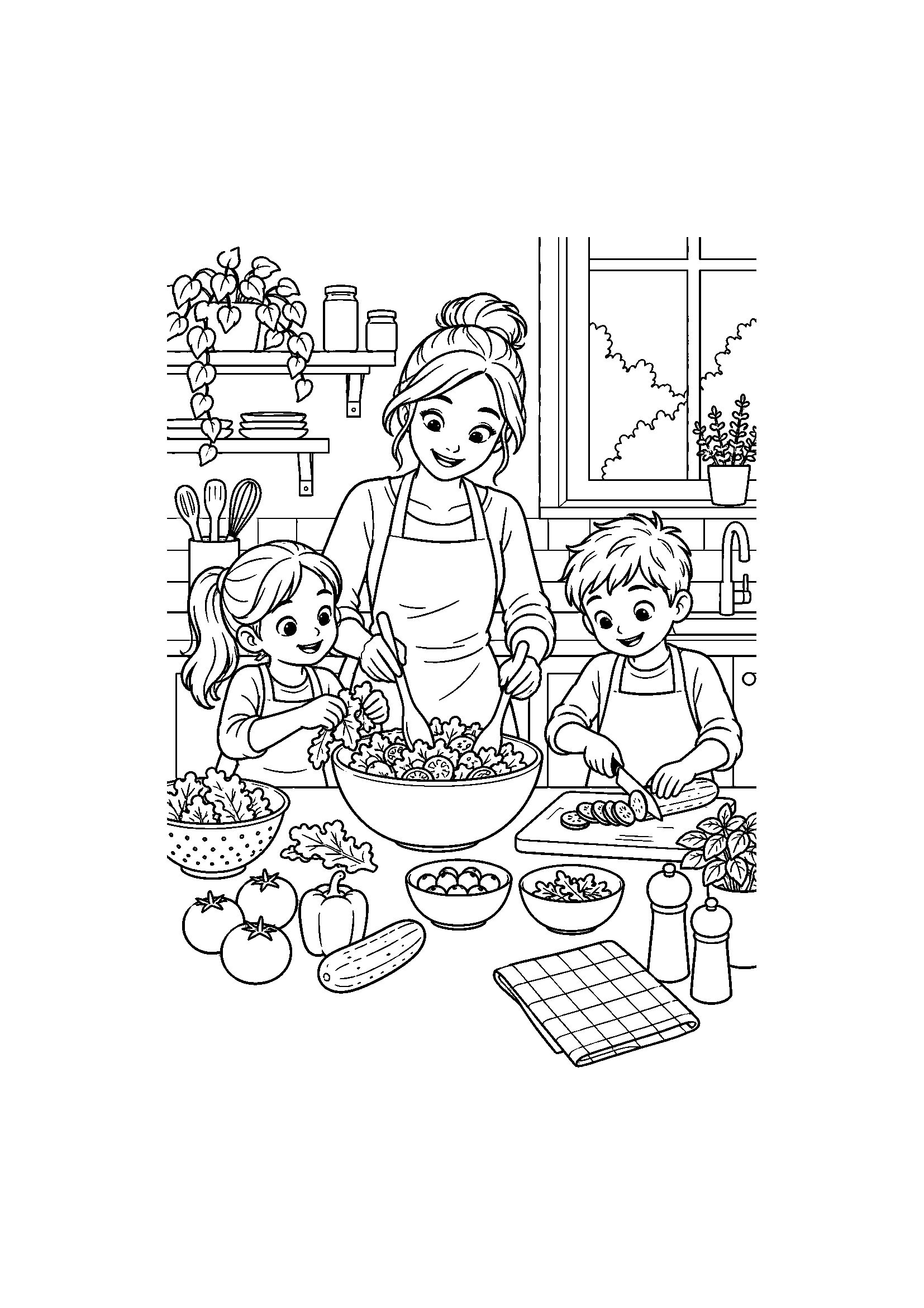 Coloriage famille représentant un parent et deux enfants préparant un repas ensemble, dessin gratuit à imprimer