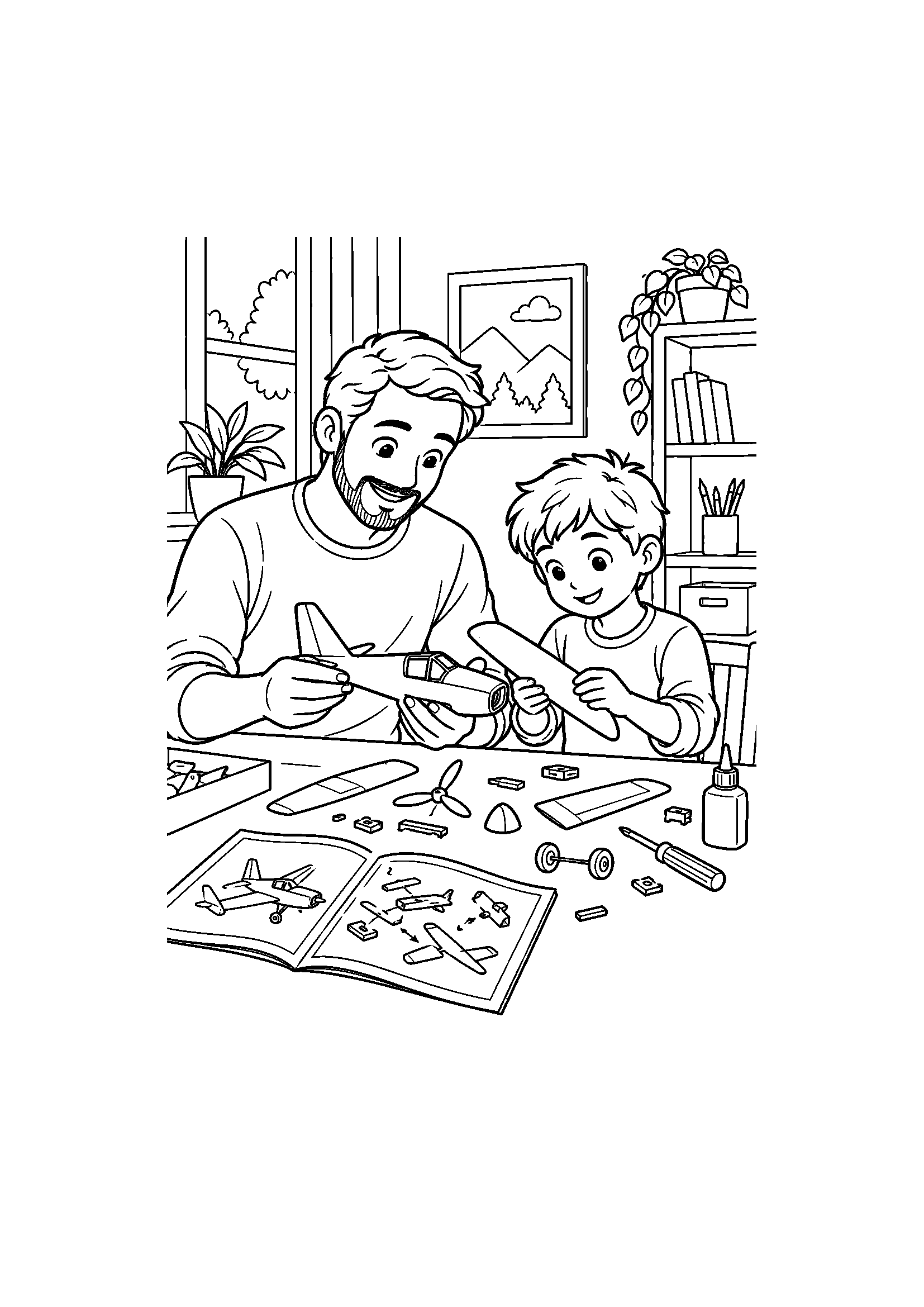 Coloriage famille représentant adulte et enfant assemblant une petite maquette générique sans marque, dessin gratuit à imprimer