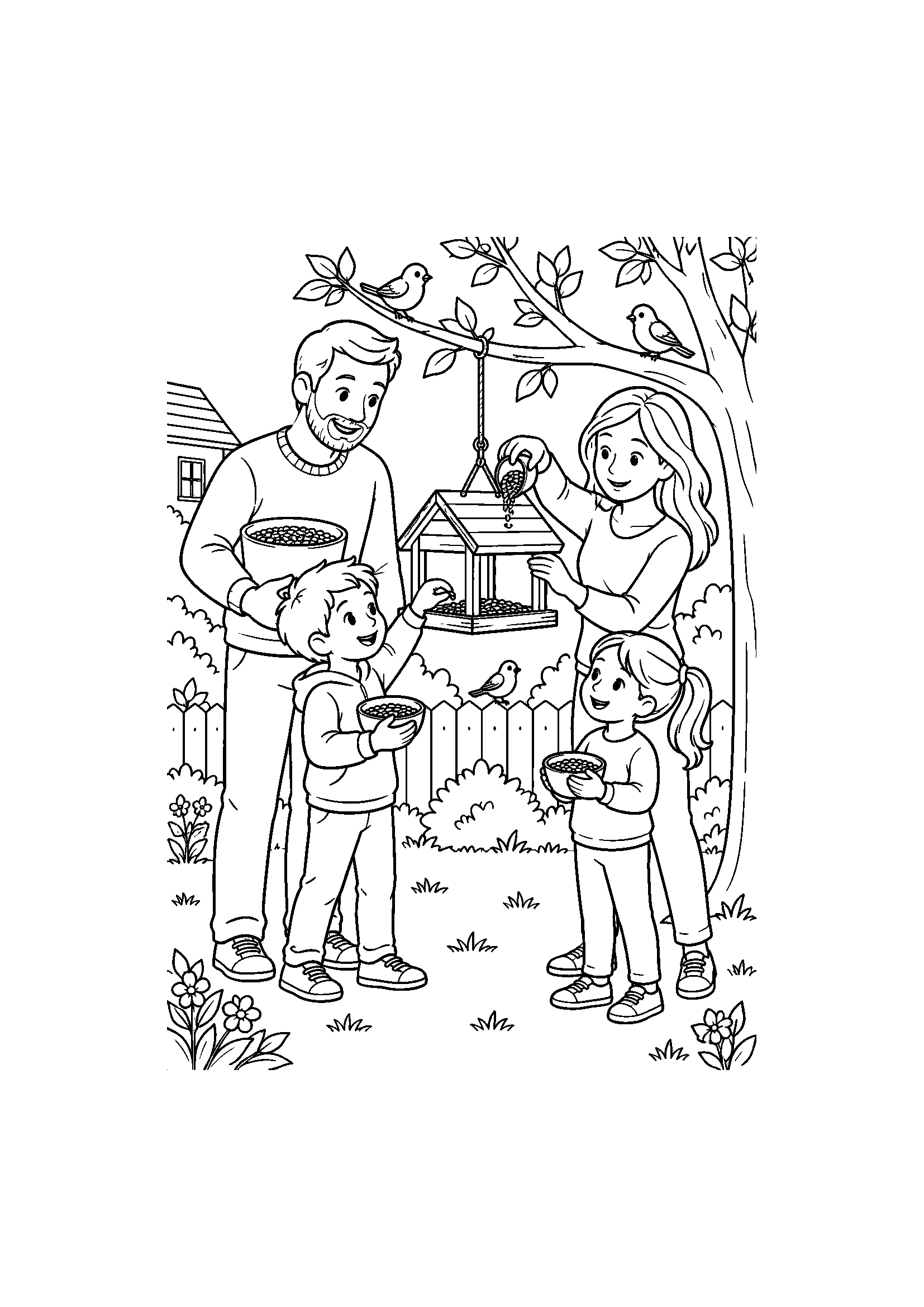 Coloriage famille représentant adultes et enfants remplissant une mangeoire à oiseaux, dessin gratuit à imprimer