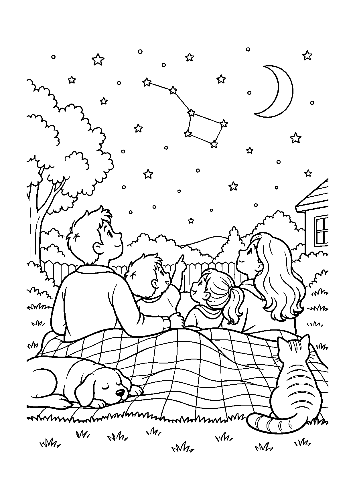Coloriage famille représentant famille sous une couverture regardant le ciel depuis le jardin, sans télescope détaillé, dessin gratuit à imprimer