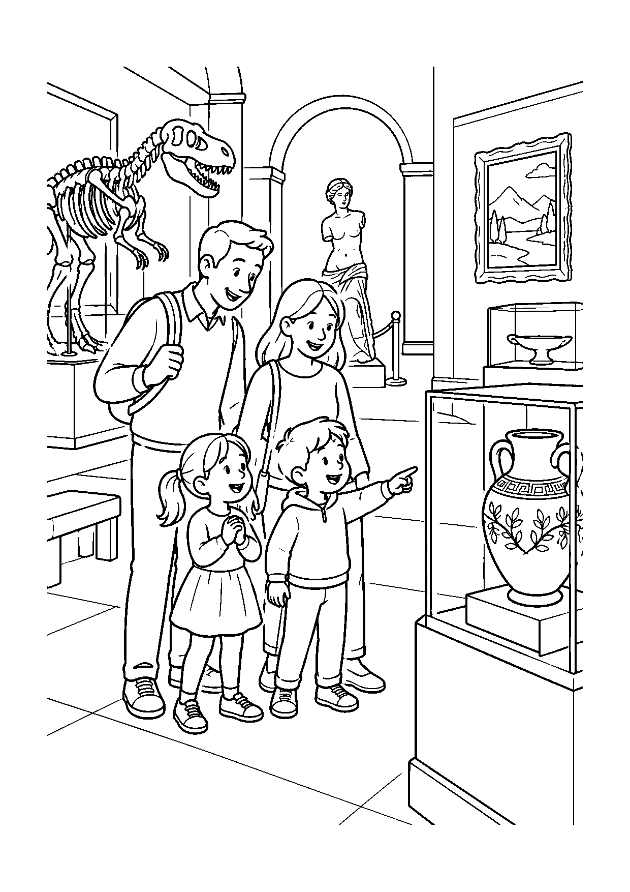 Coloriage famille représentant parents et enfants observant des objets exposés dans une salle de musée générique, dessin gratuit à imprimer