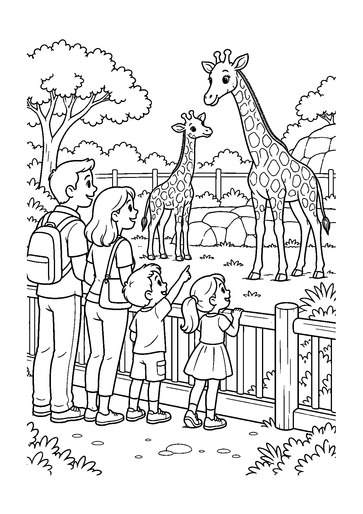 Coloriage famille représentant famille observant des girafes derrière une barrière sécurisée, dessin gratuit à imprimer