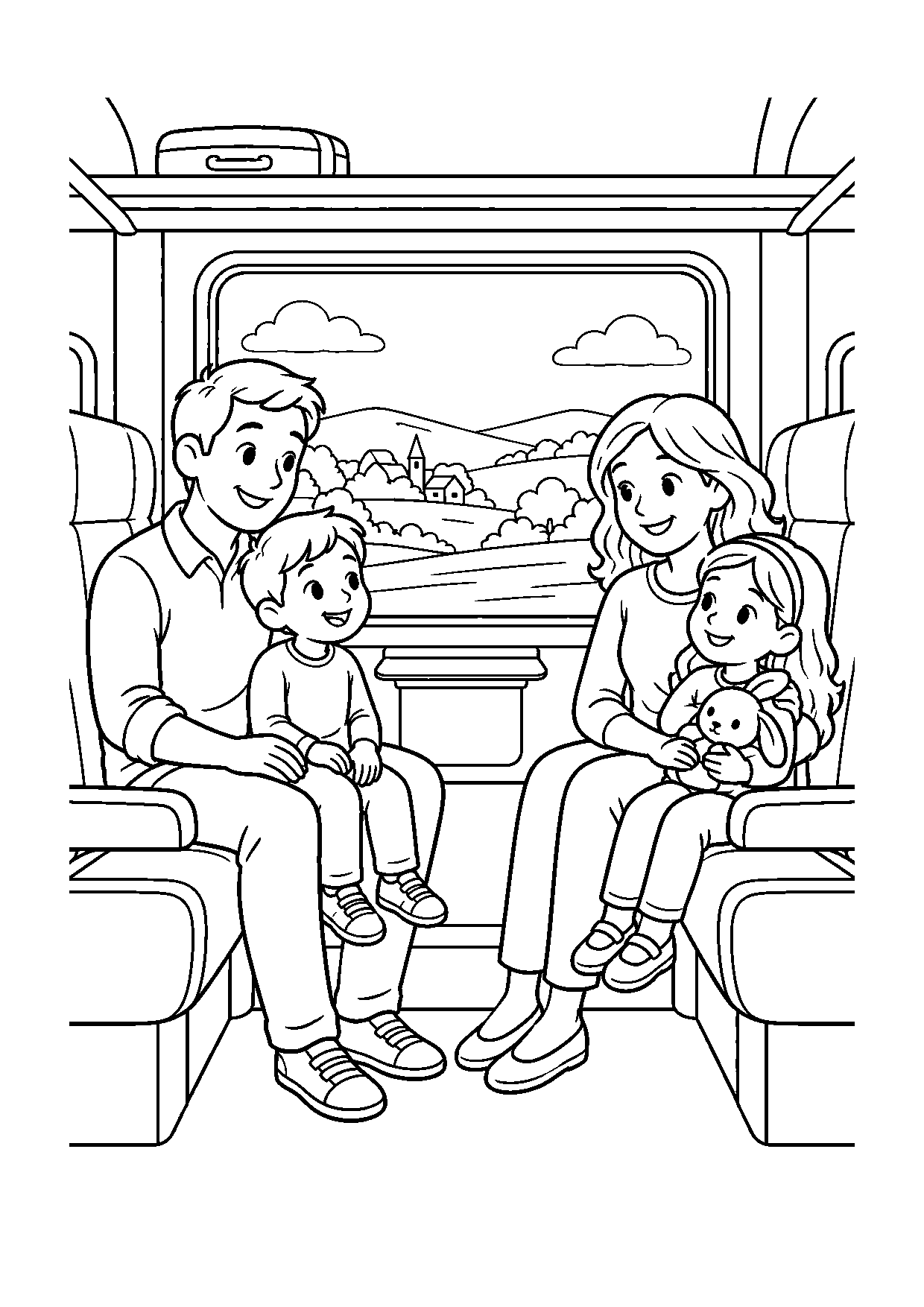 Coloriage famille représentant parents et enfants assis ensemble dans un wagon générique, dessin gratuit à imprimer