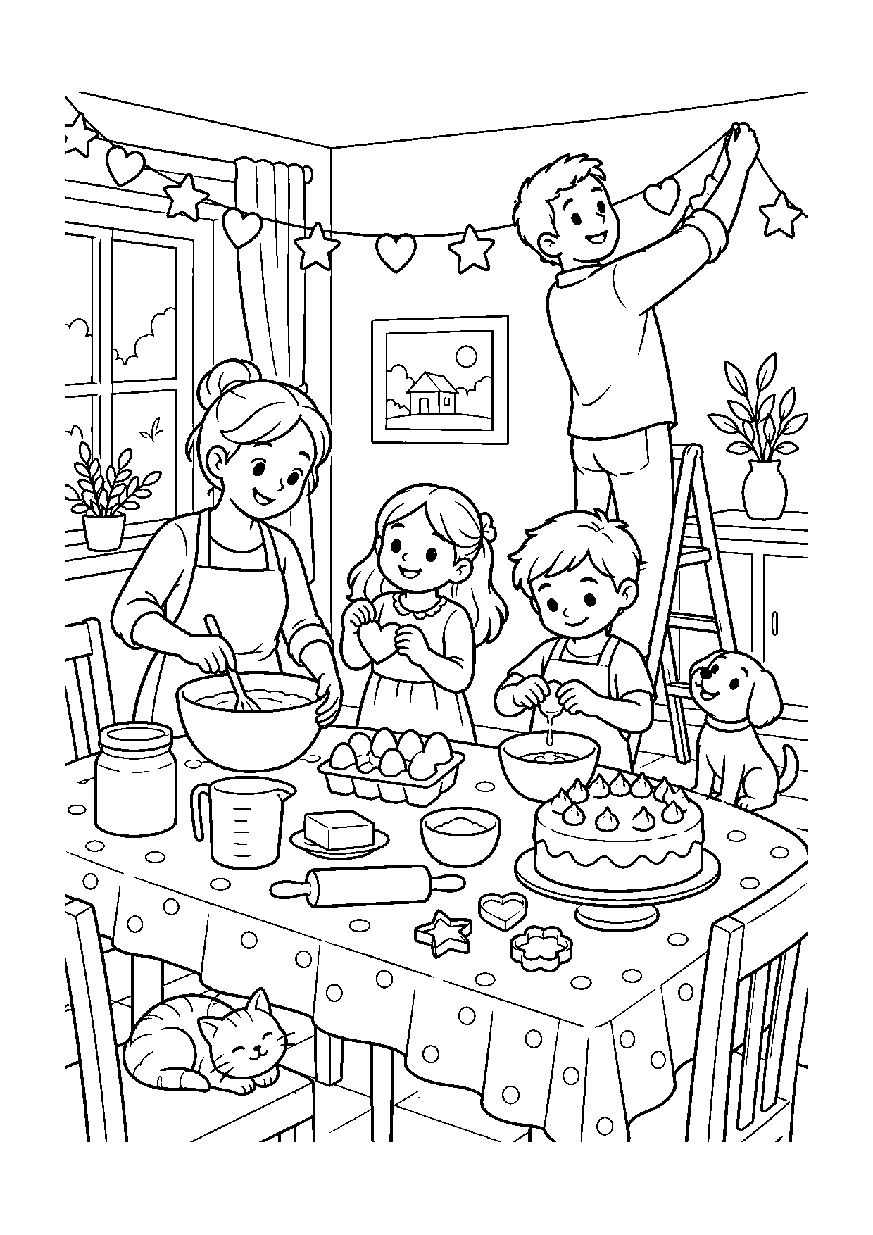 Coloriage famille représentant famille accrochant des guirlandes et préparant un gâteau sans texte, dessin gratuit à imprimer