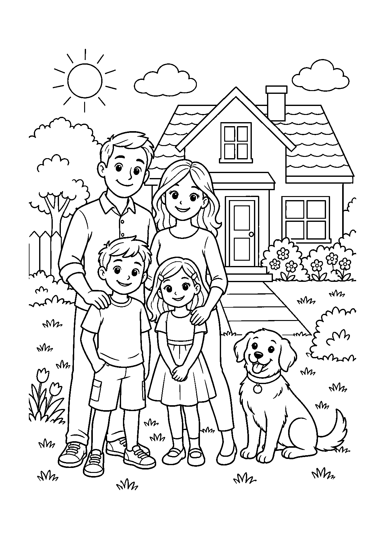 Coloriage famille représentant famille posant devant une maison avec jardin, composition simple et chaleureuse, dessin gratuit à imprimer