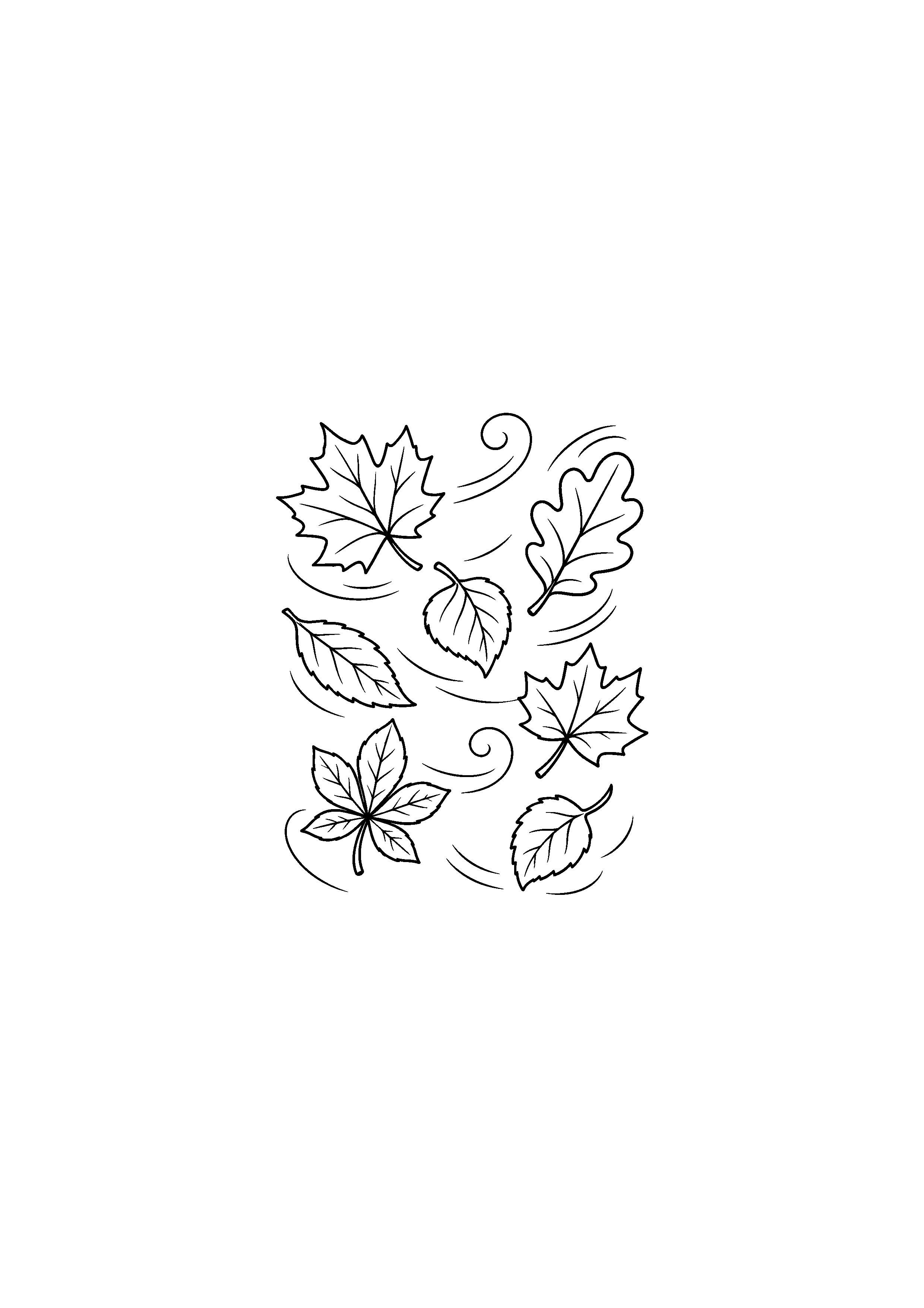 Coloriage noir et blanc représentant feuilles emportées par le vent