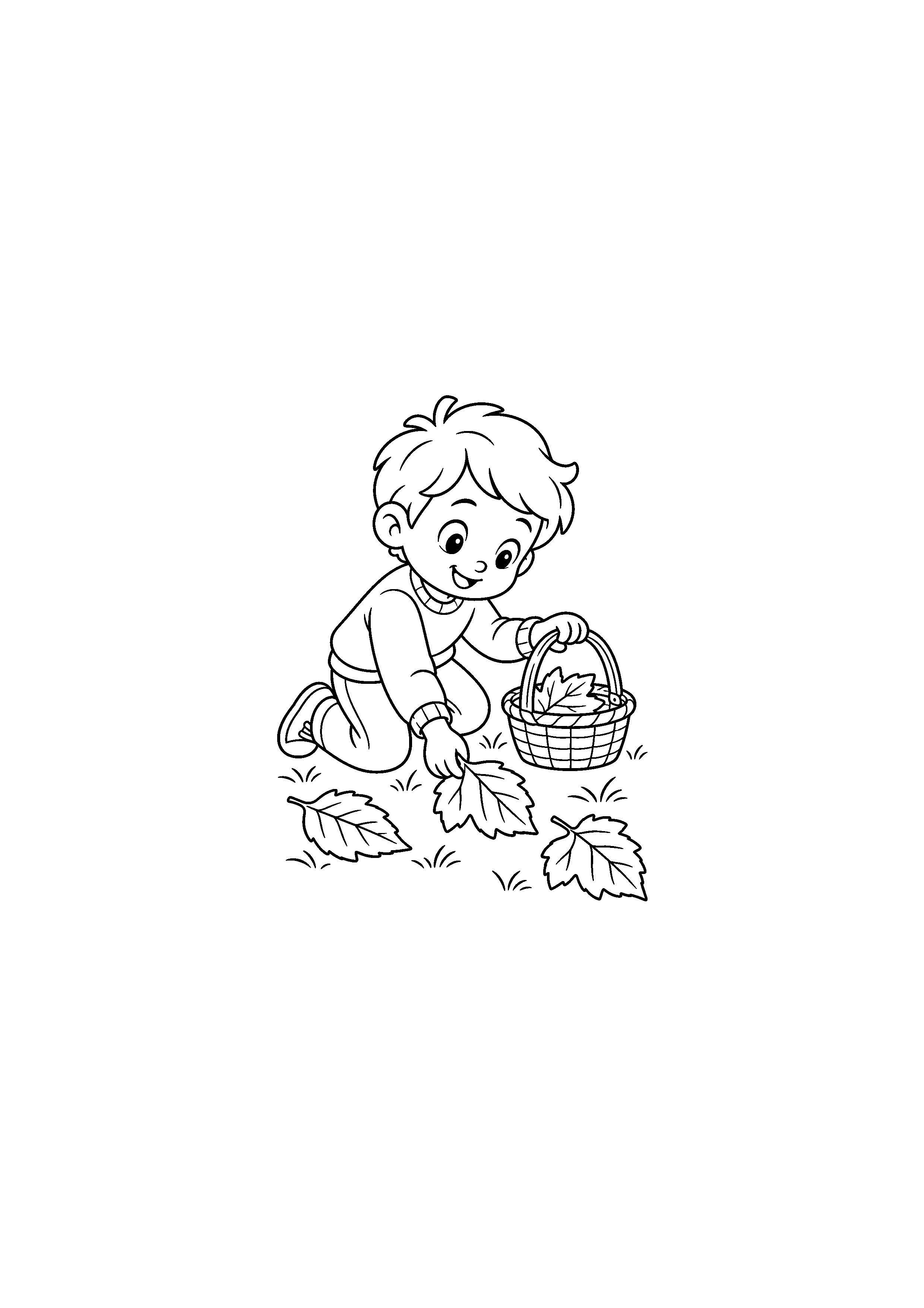 Coloriage noir et blanc représentant enfant ramassant des feuilles