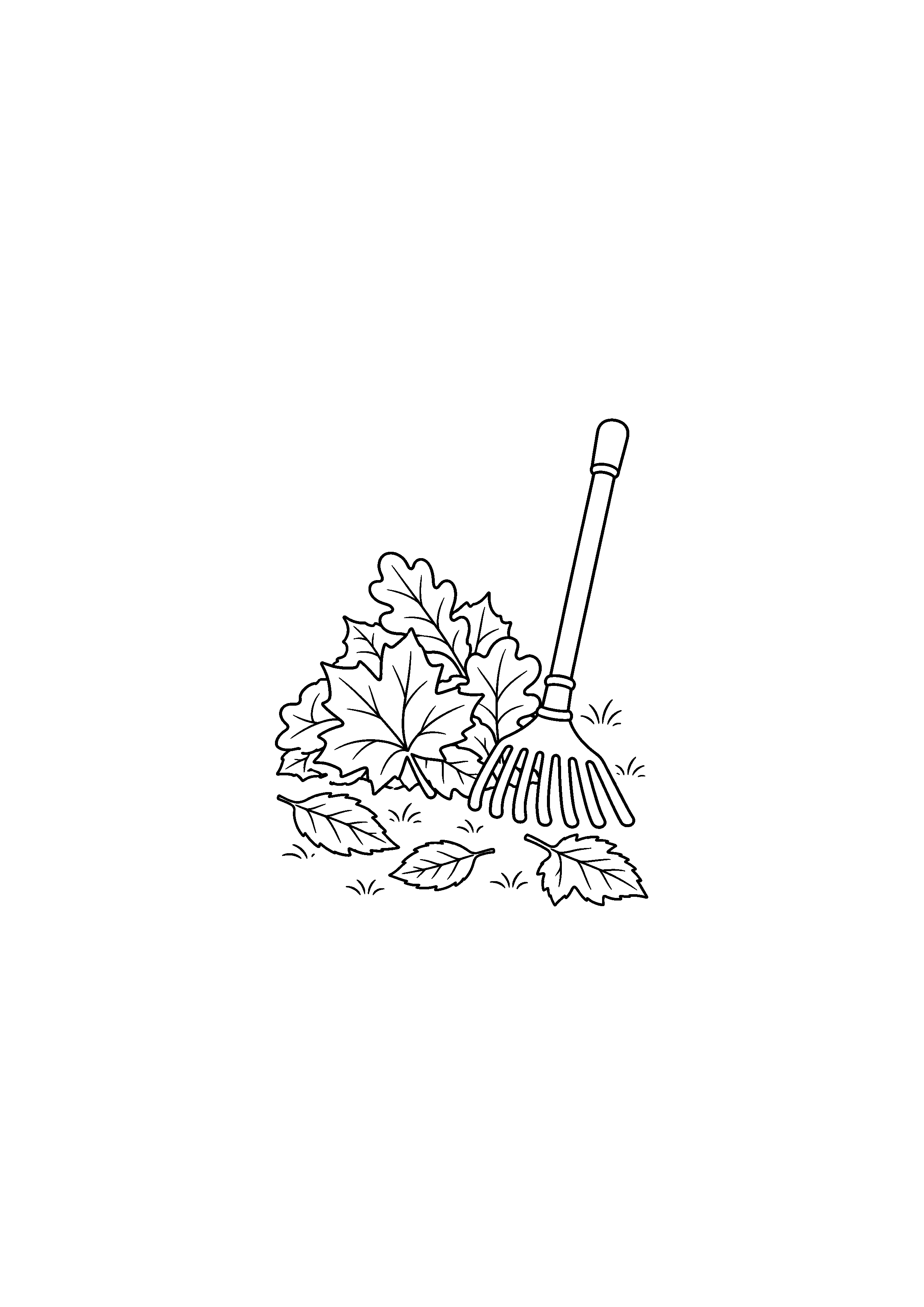 Coloriage noir et blanc représentant râteau et tas de feuilles