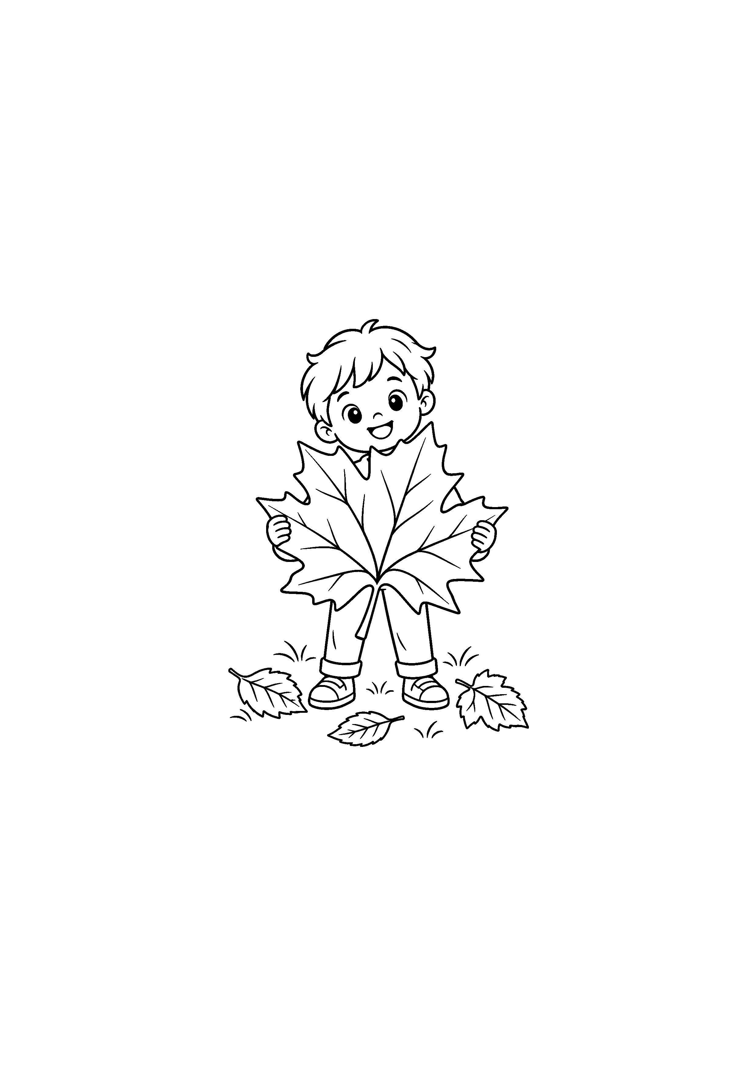 Coloriage noir et blanc représentant enfant avec feuille géante