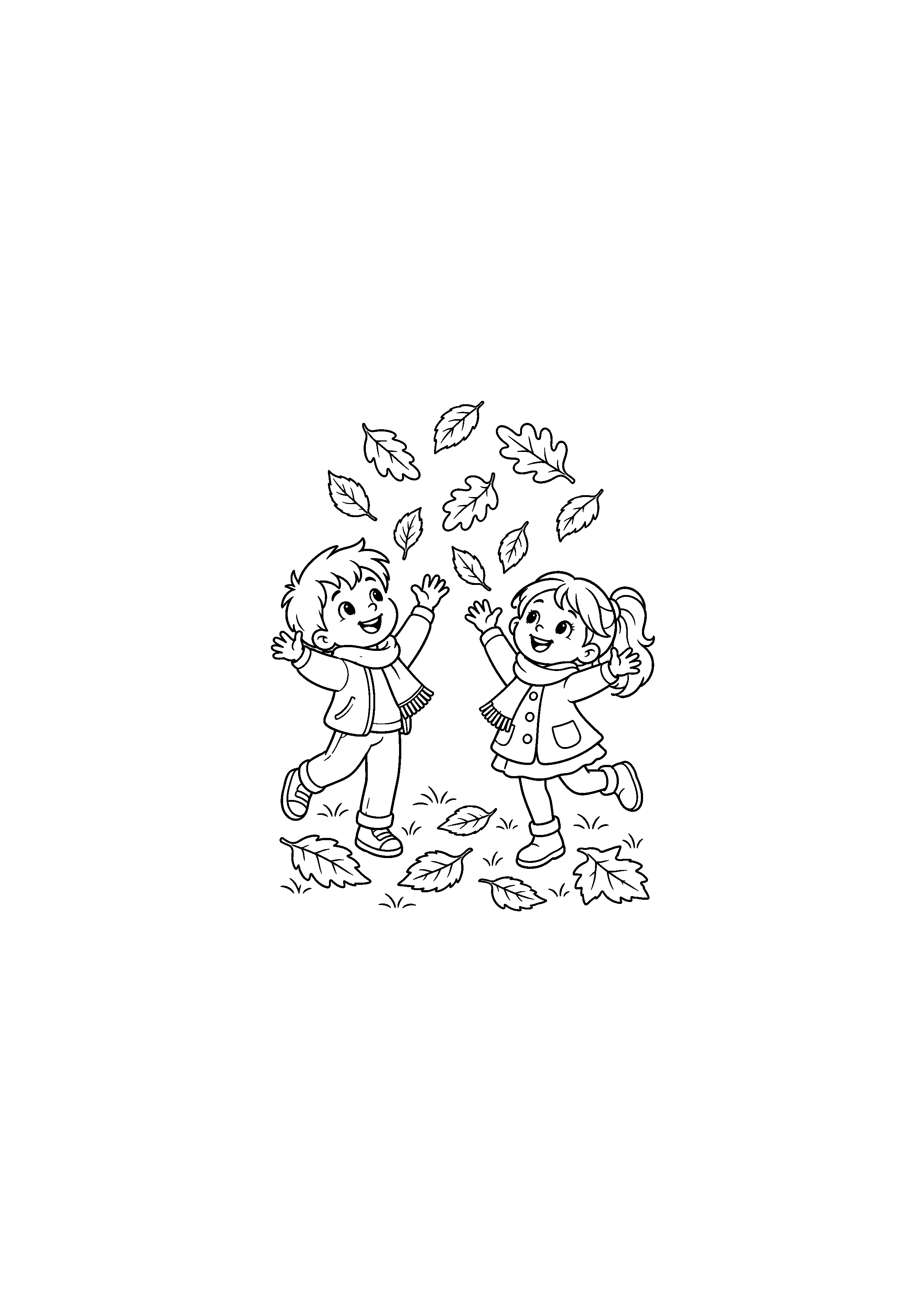Coloriage noir et blanc représentant deux enfants lançant des feuilles