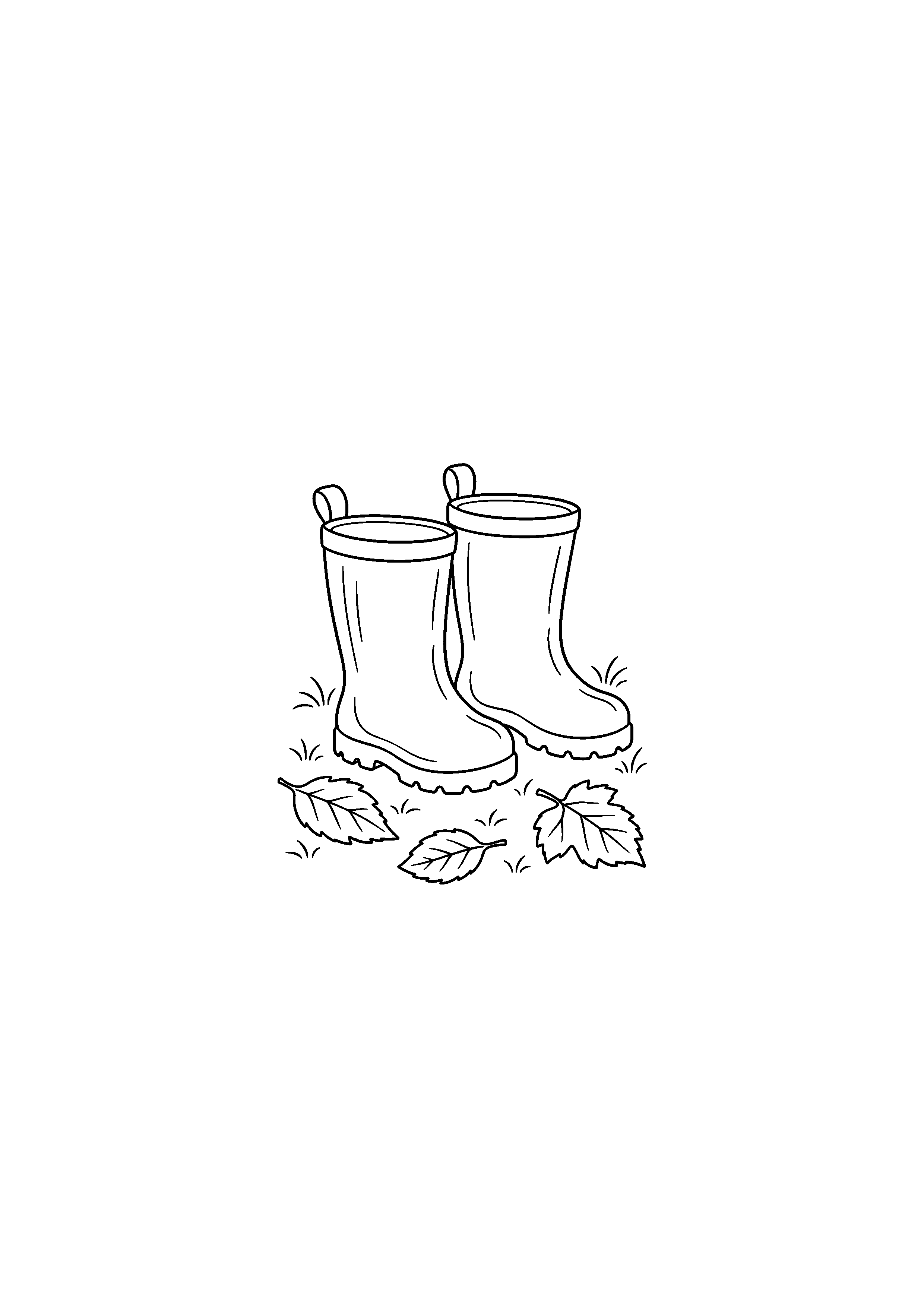 Coloriage noir et blanc représentant bottes dans les feuilles