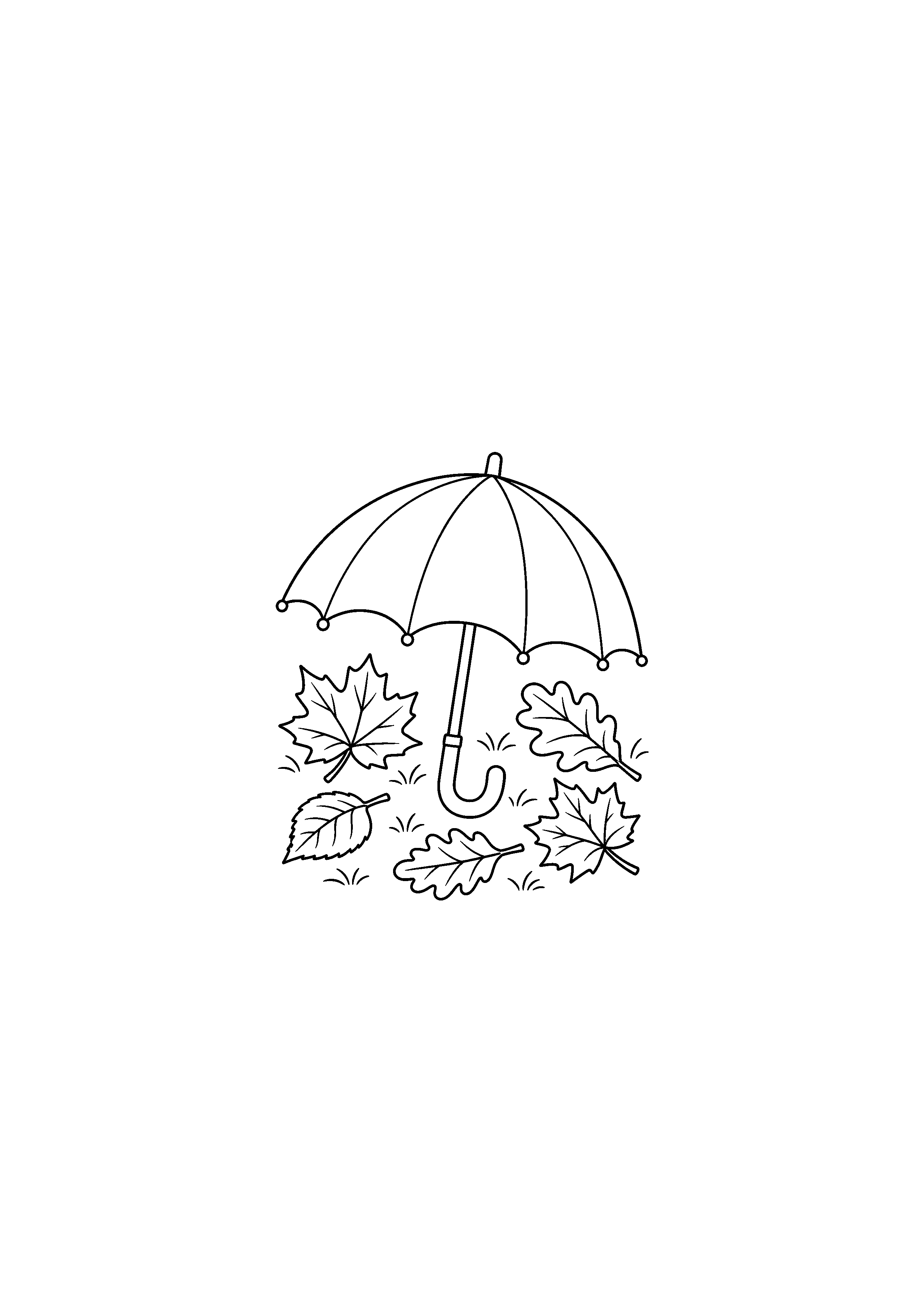 Coloriage noir et blanc représentant parapluie et feuilles