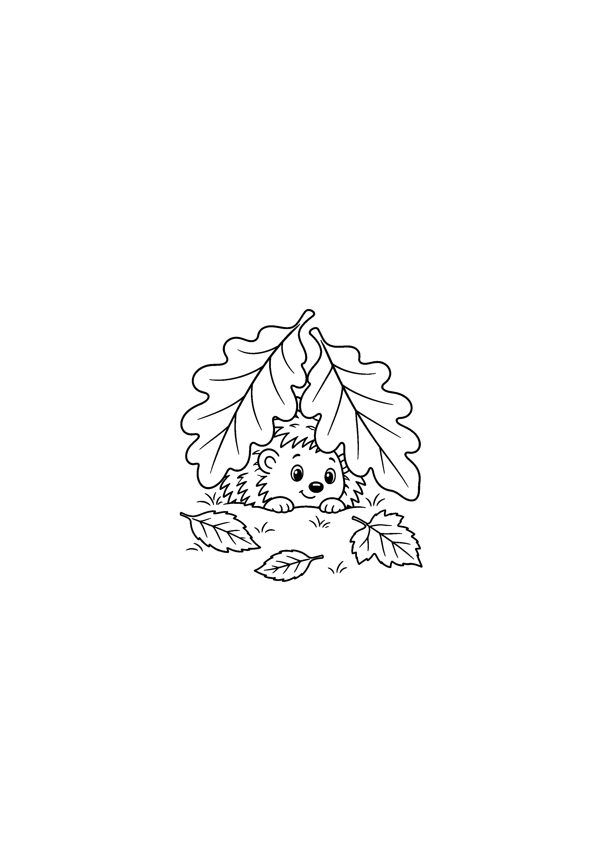 Coloriage noir et blanc représentant hérisson caché sous les feuilles
