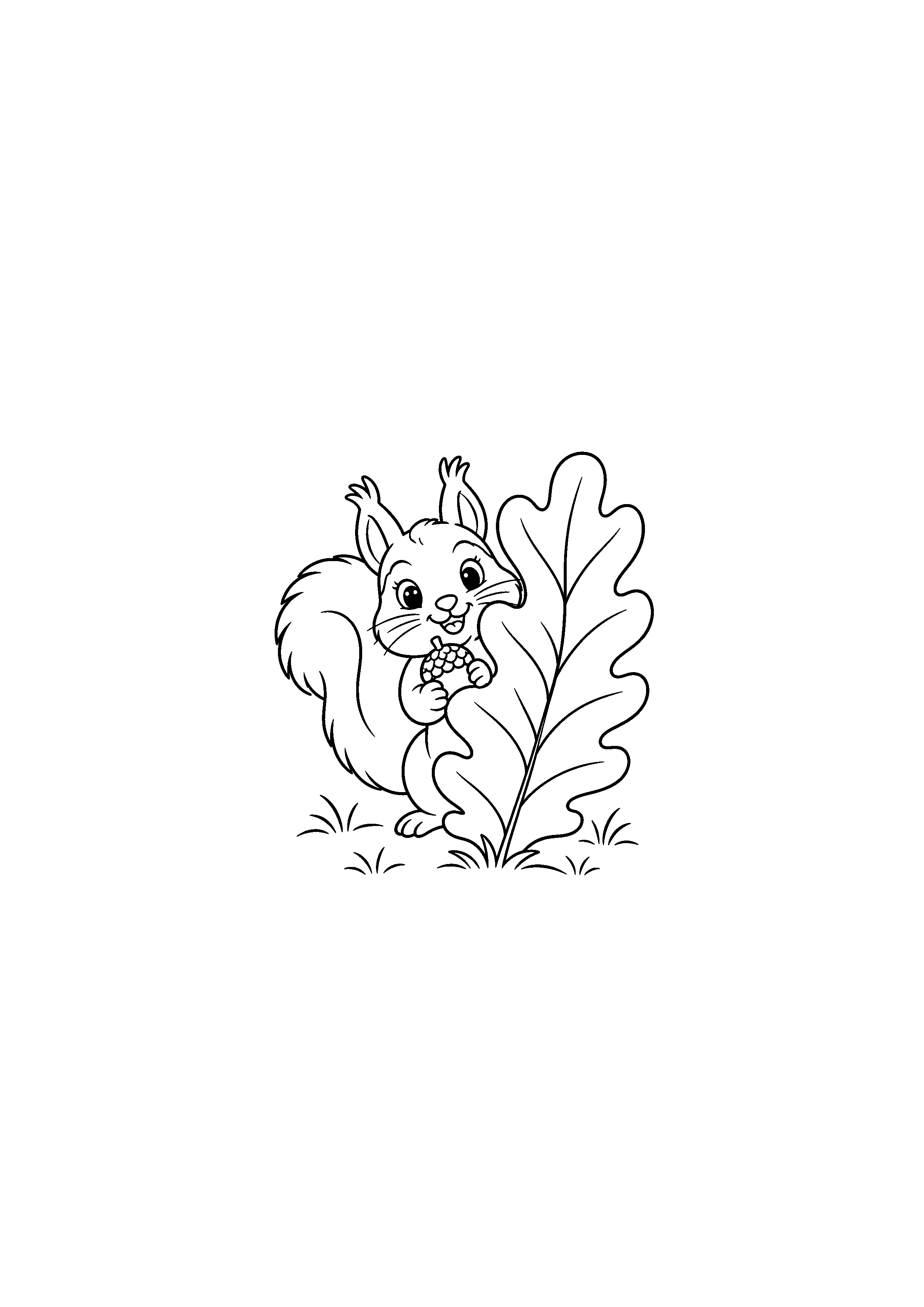 Coloriage noir et blanc représentant écureuil derrière une feuille