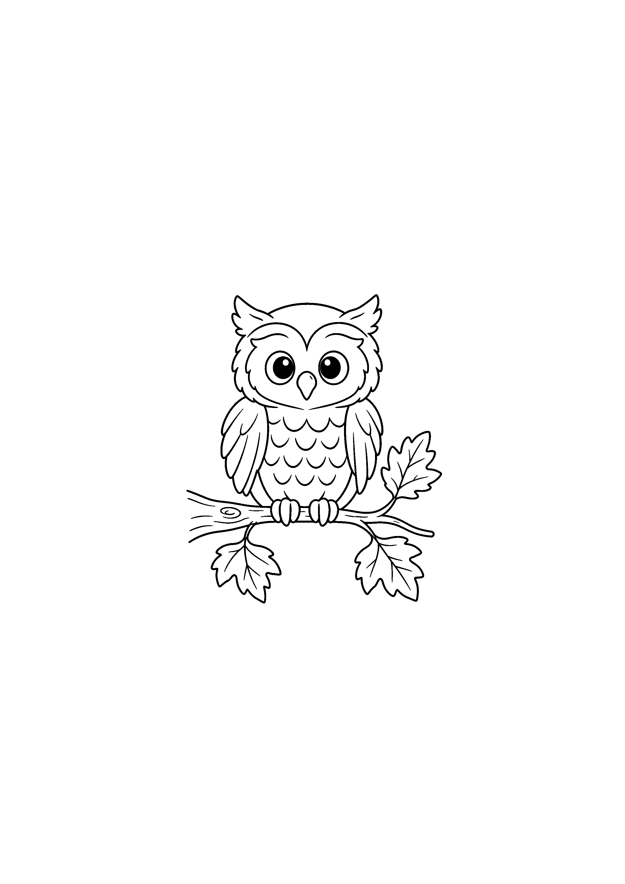 Coloriage noir et blanc représentant hibou sur branche automnale