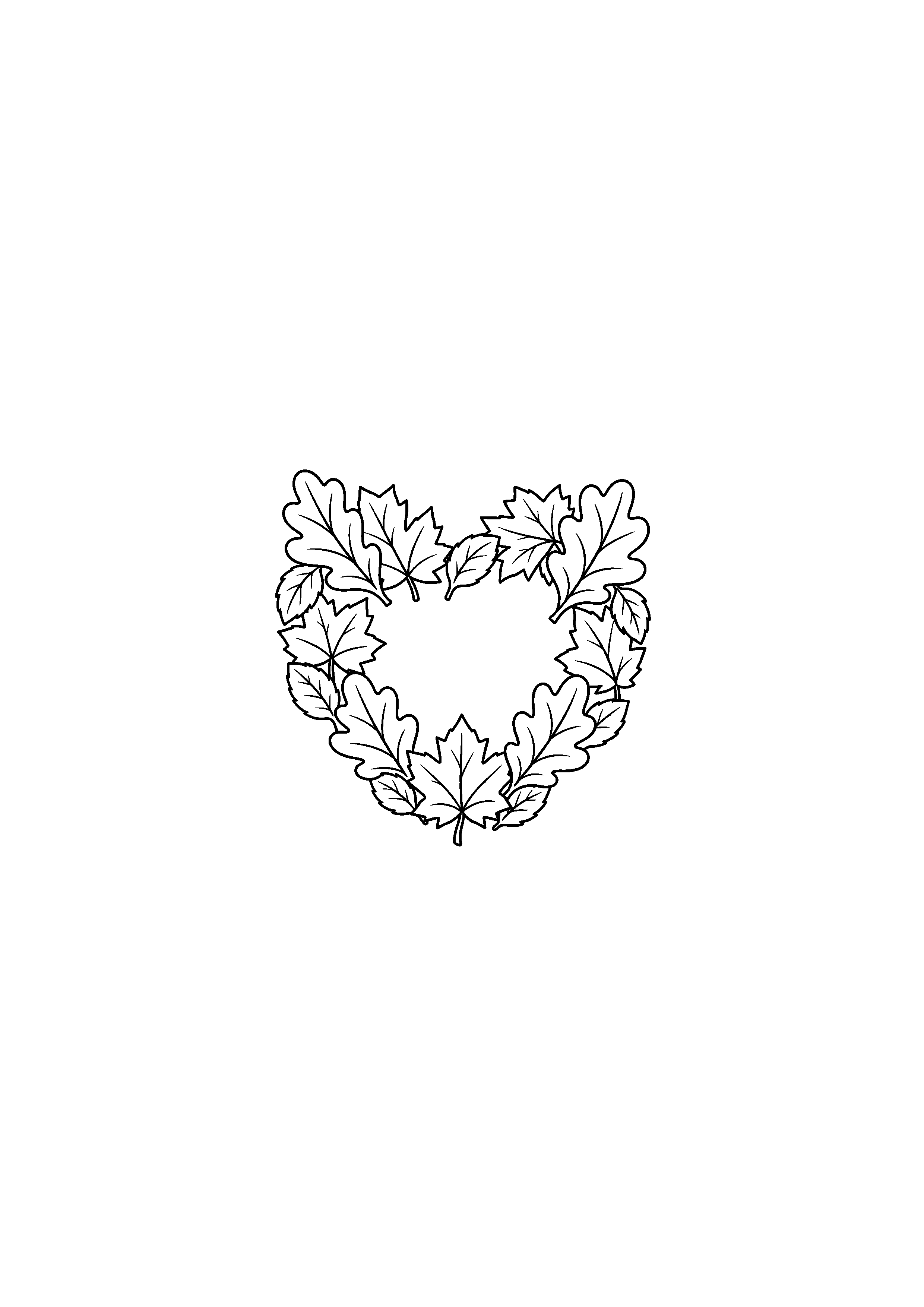 Coloriage noir et blanc représentant cœur de feuilles d'automne