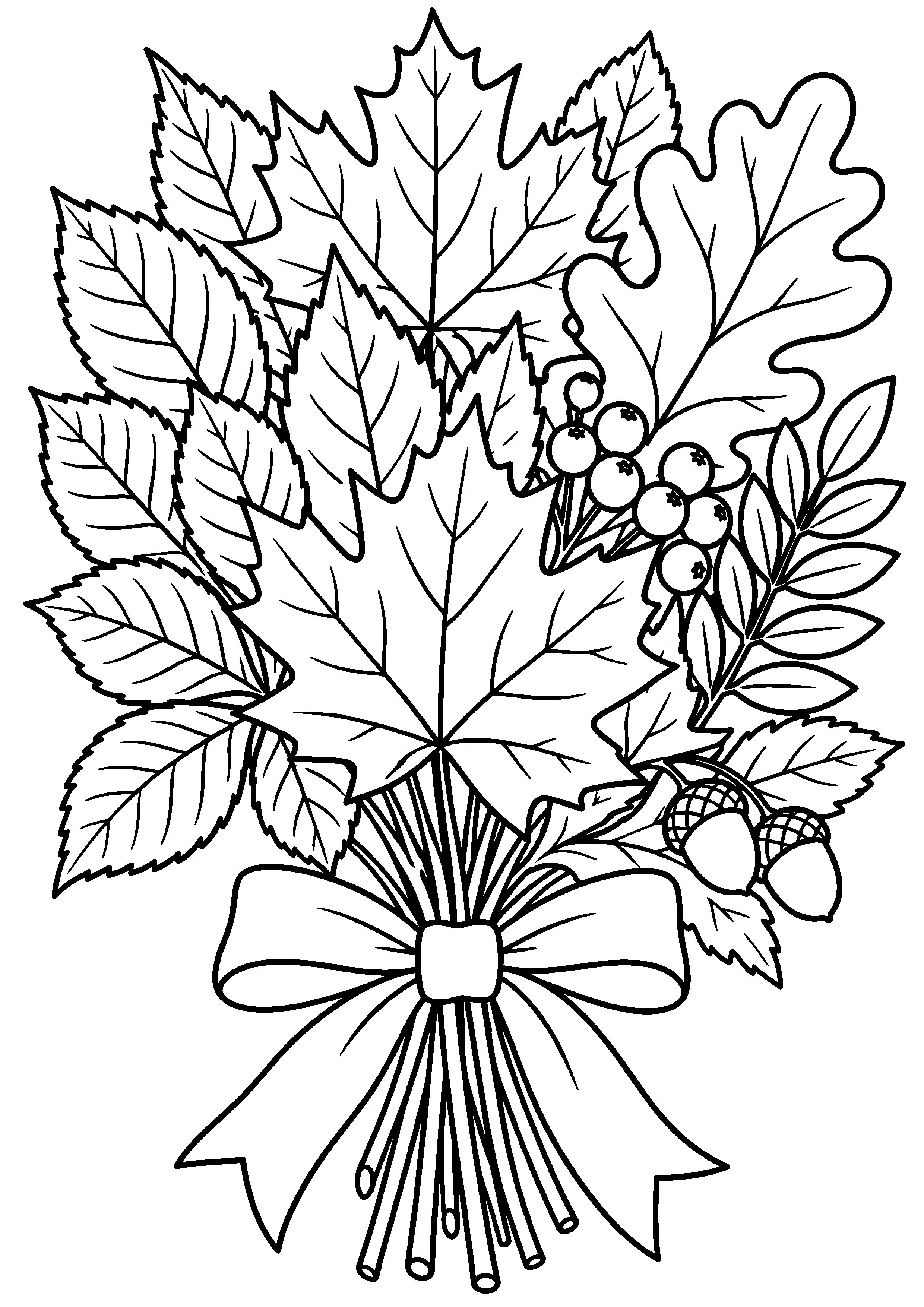 Bouquet de grandes feuilles d'automne attaché par un ruban à colorier