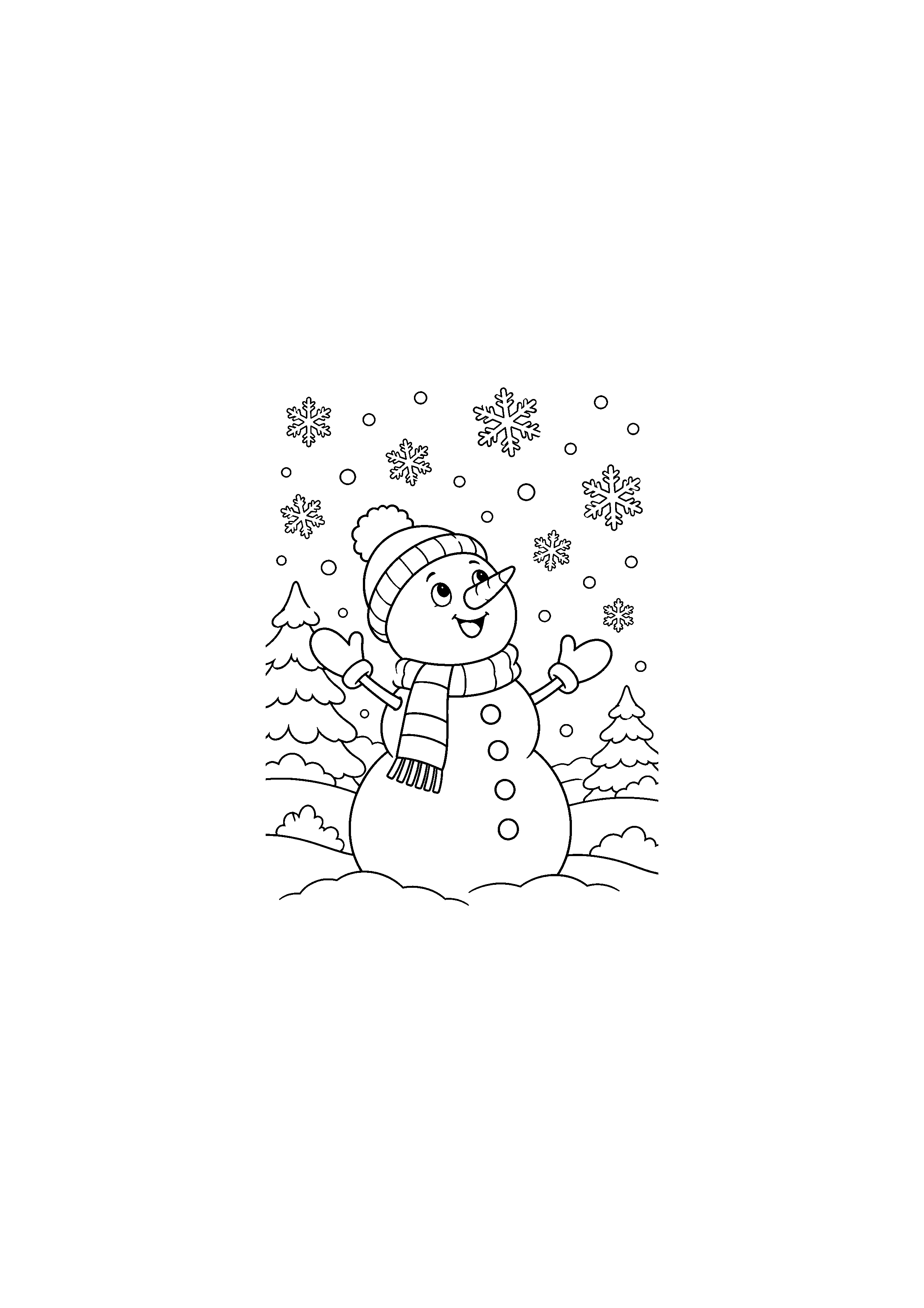 Coloriage flocons sur paysage hivernal, composition 29 de Noël à imprimer gratuitement