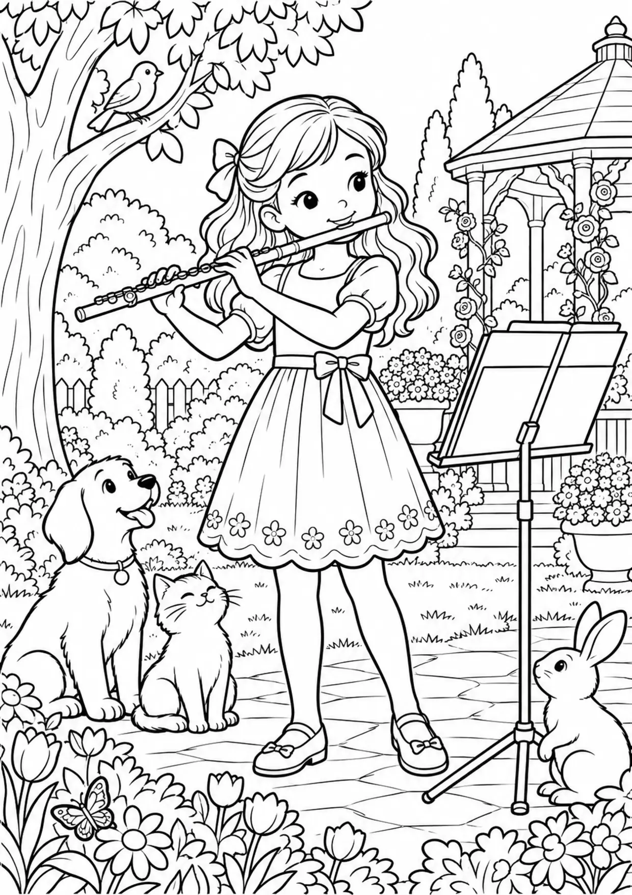 Coloriage flûte : enfant jardin à imprimer montrant enfant jardin, dessin noir et blanc