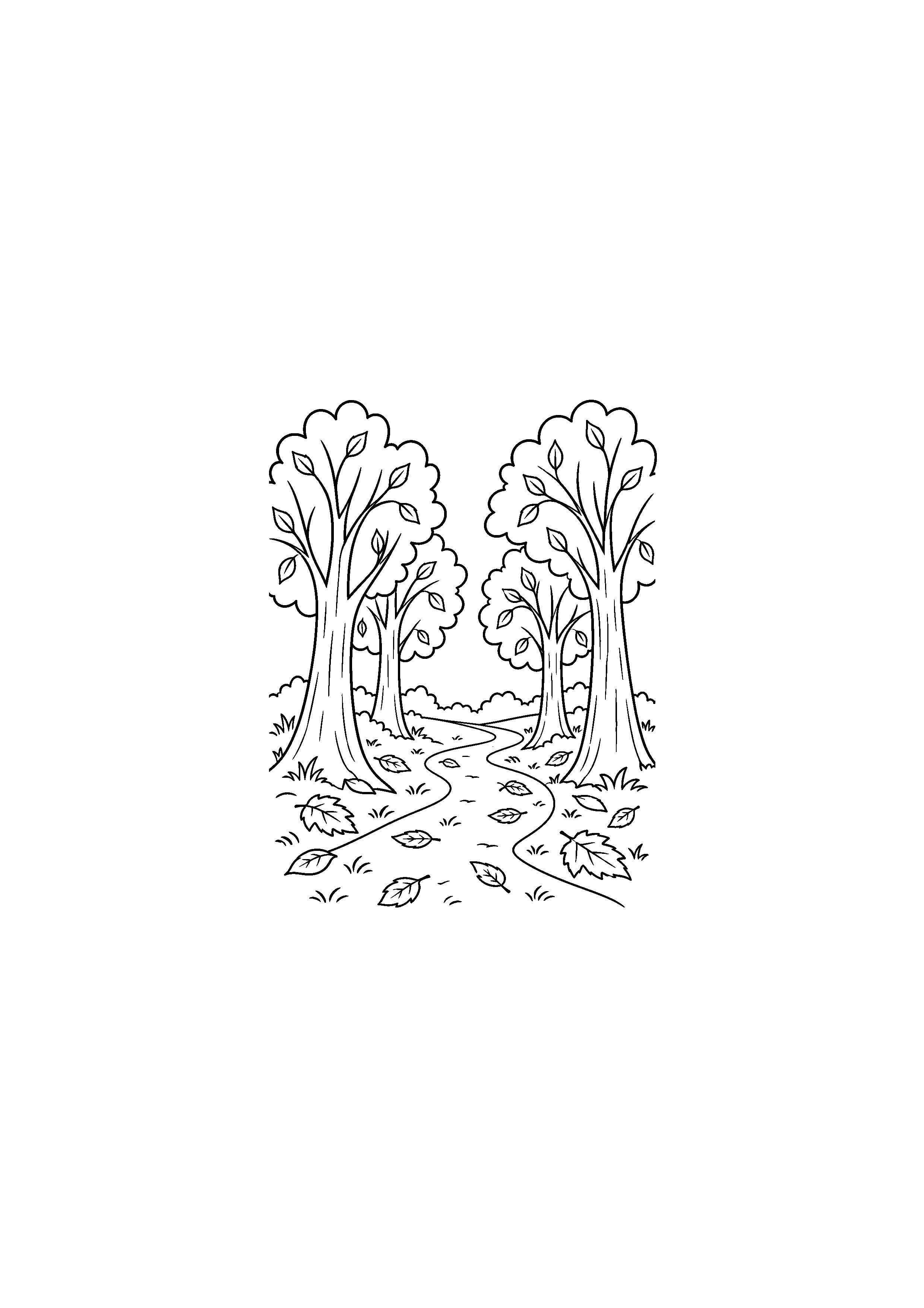 Coloriage noir et blanc représentant chemin sinueux en forêt en forêt d'automne