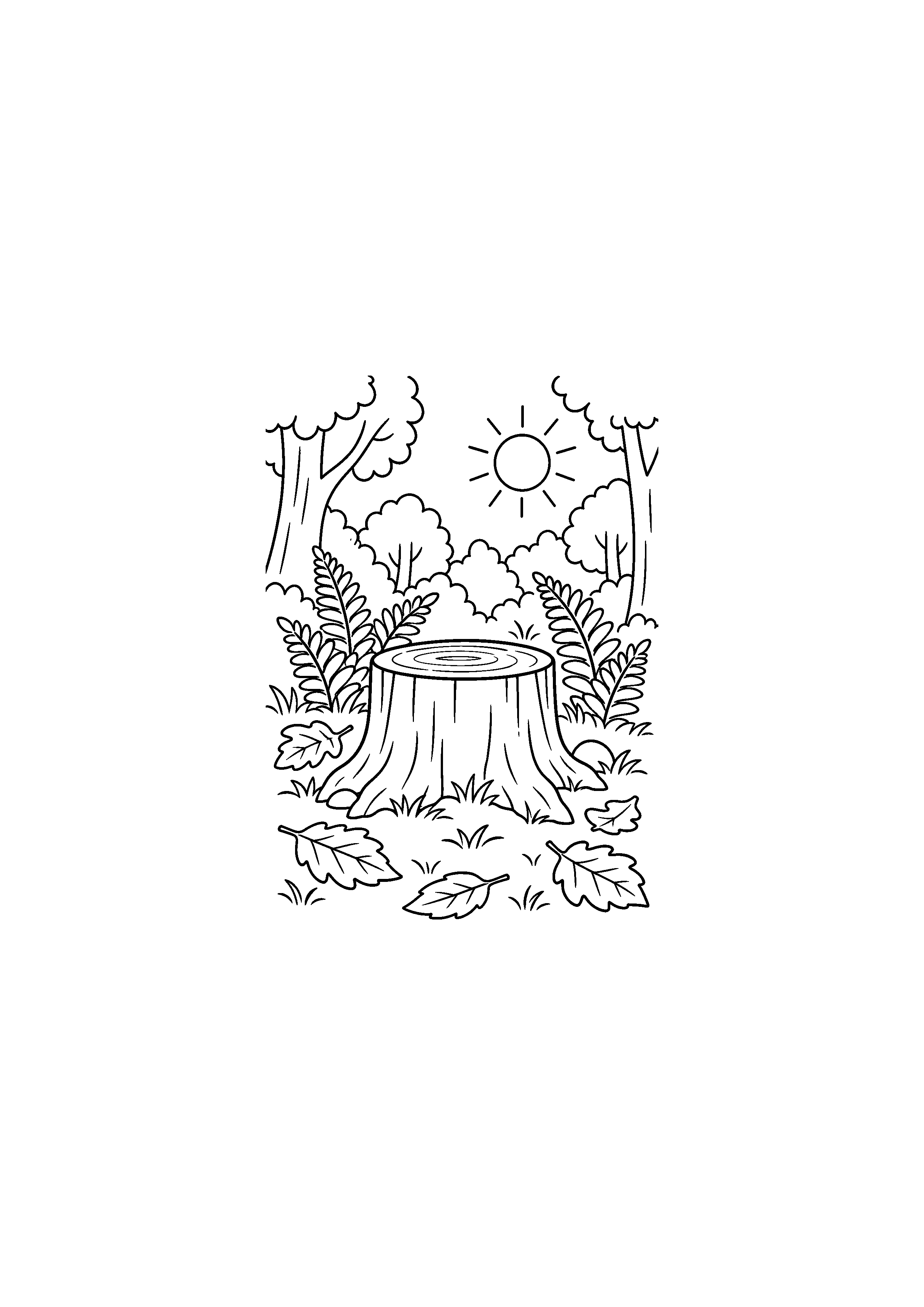 Coloriage noir et blanc représentant clairière avec souche en forêt d'automne