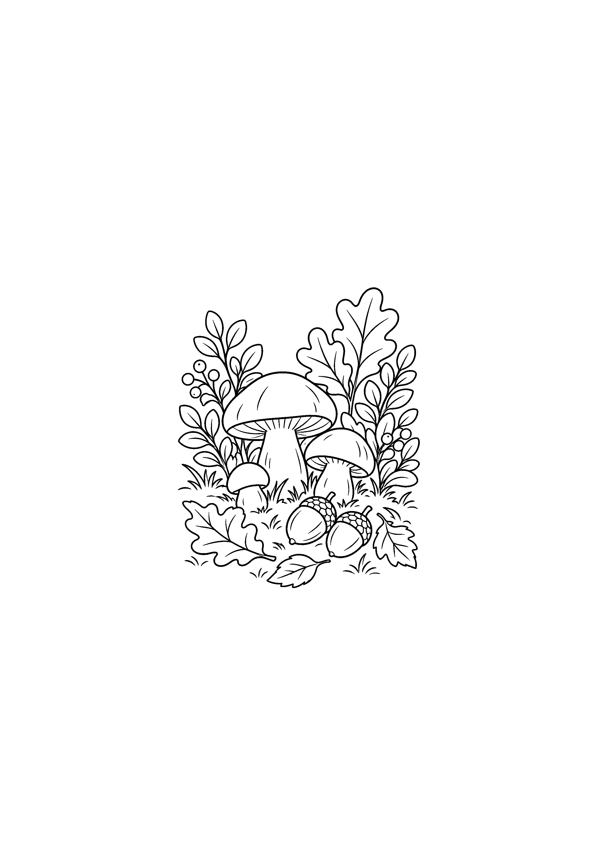 Coloriage noir et blanc représentant sous-bois aux champignons en forêt d'automne