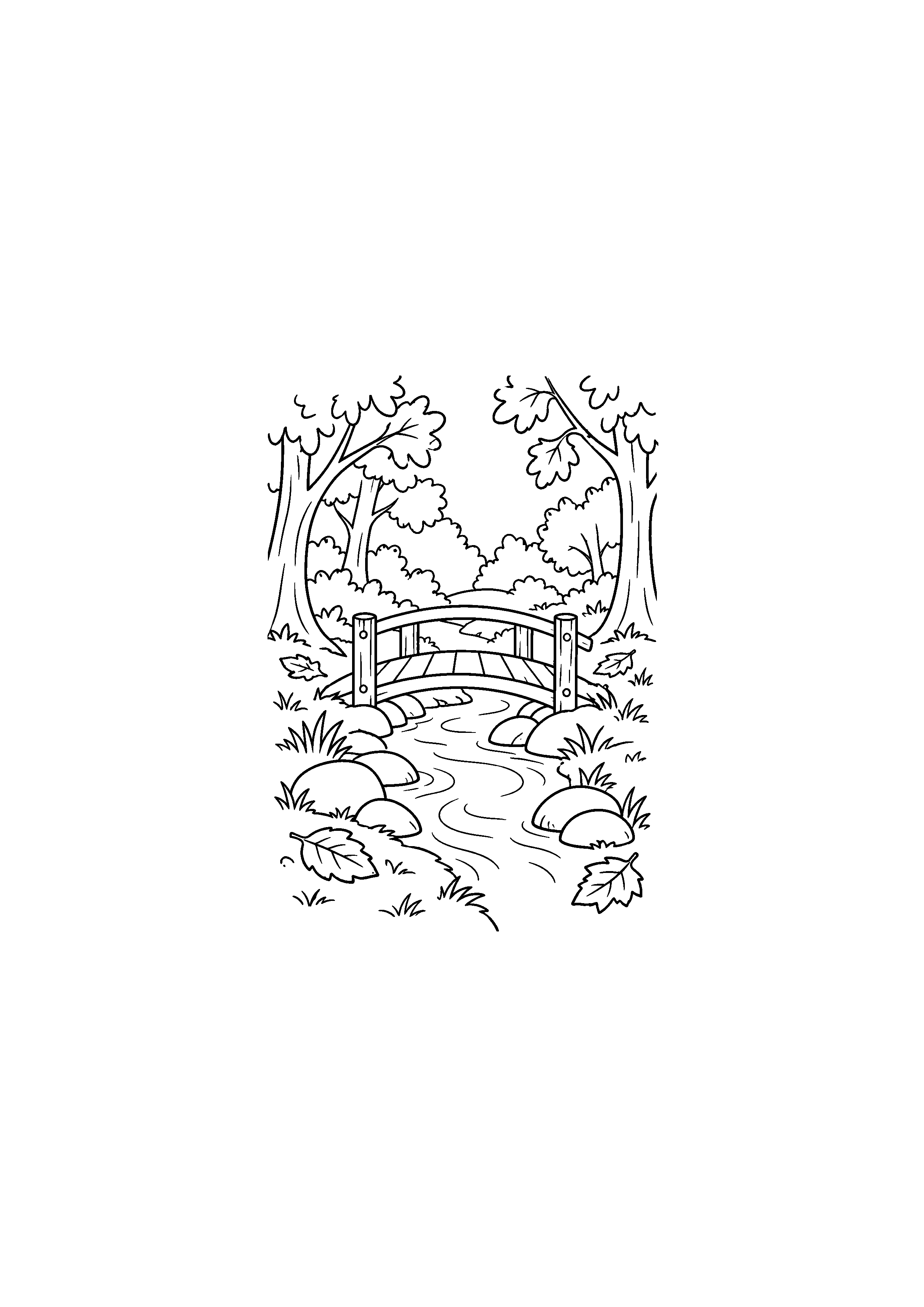 Coloriage noir et blanc représentant petit pont sur un ruisseau en forêt d'automne