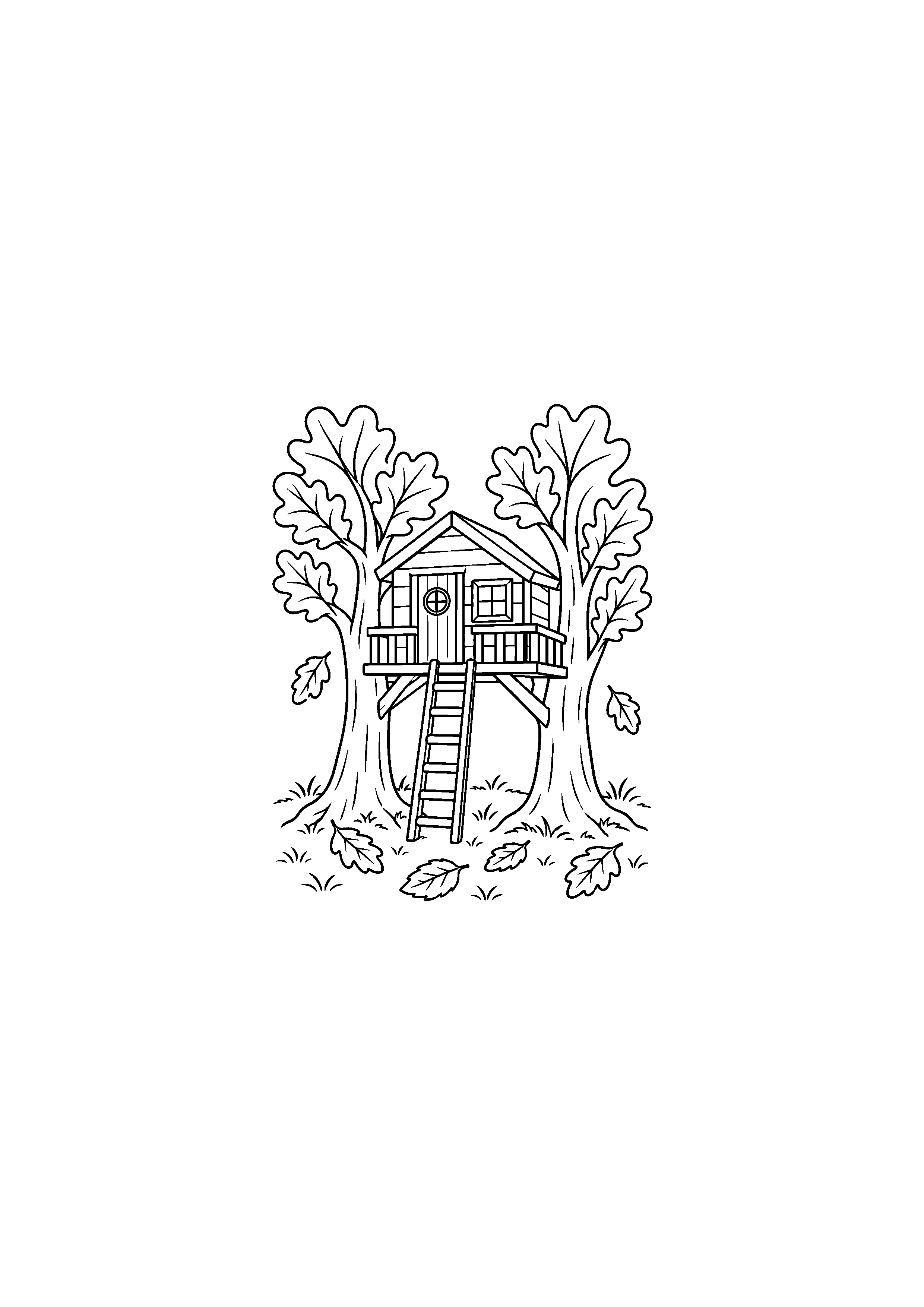 Coloriage noir et blanc représentant cabane dans les arbres en forêt d'automne