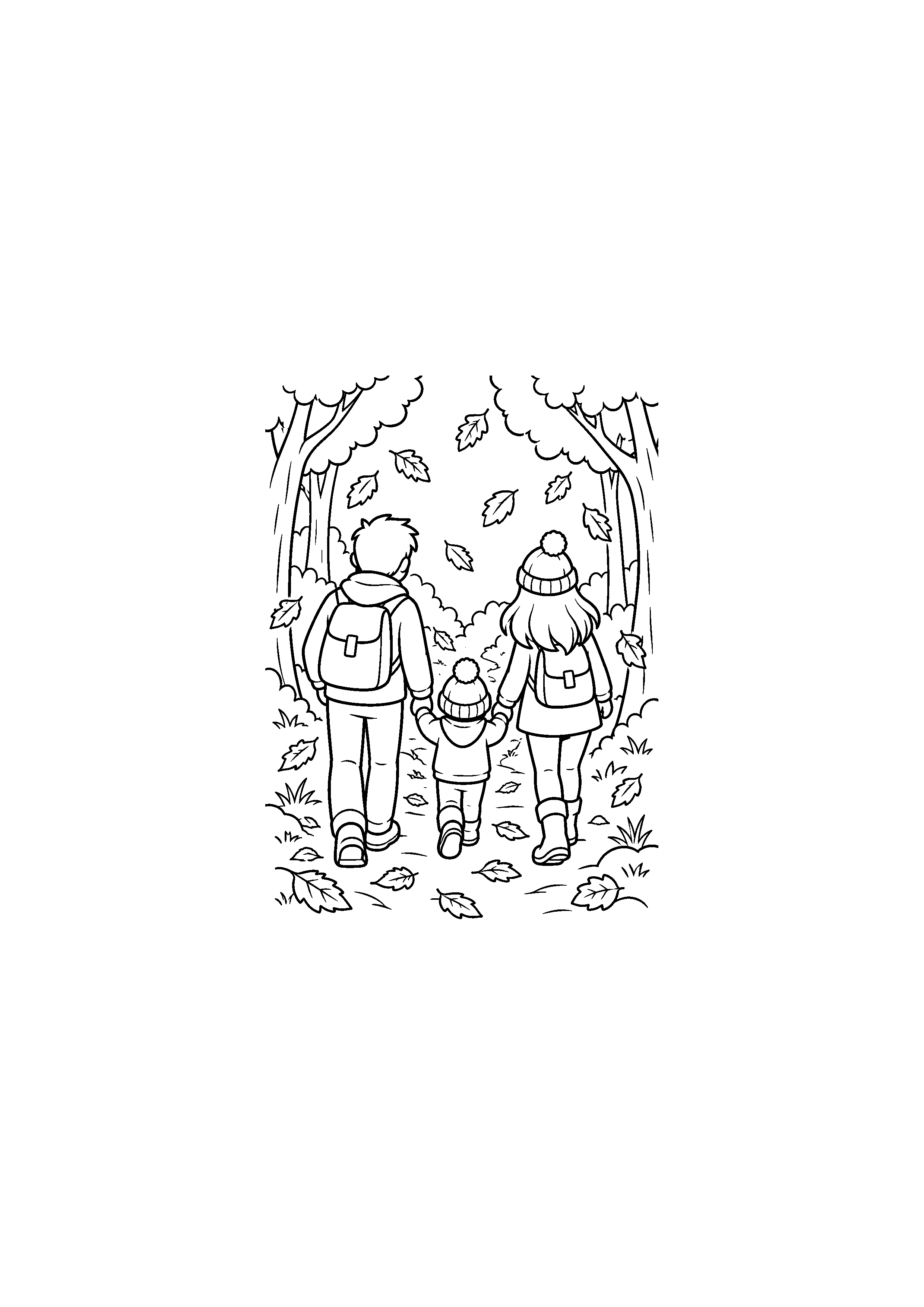 Coloriage noir et blanc représentant balade familiale en forêt en forêt d'automne