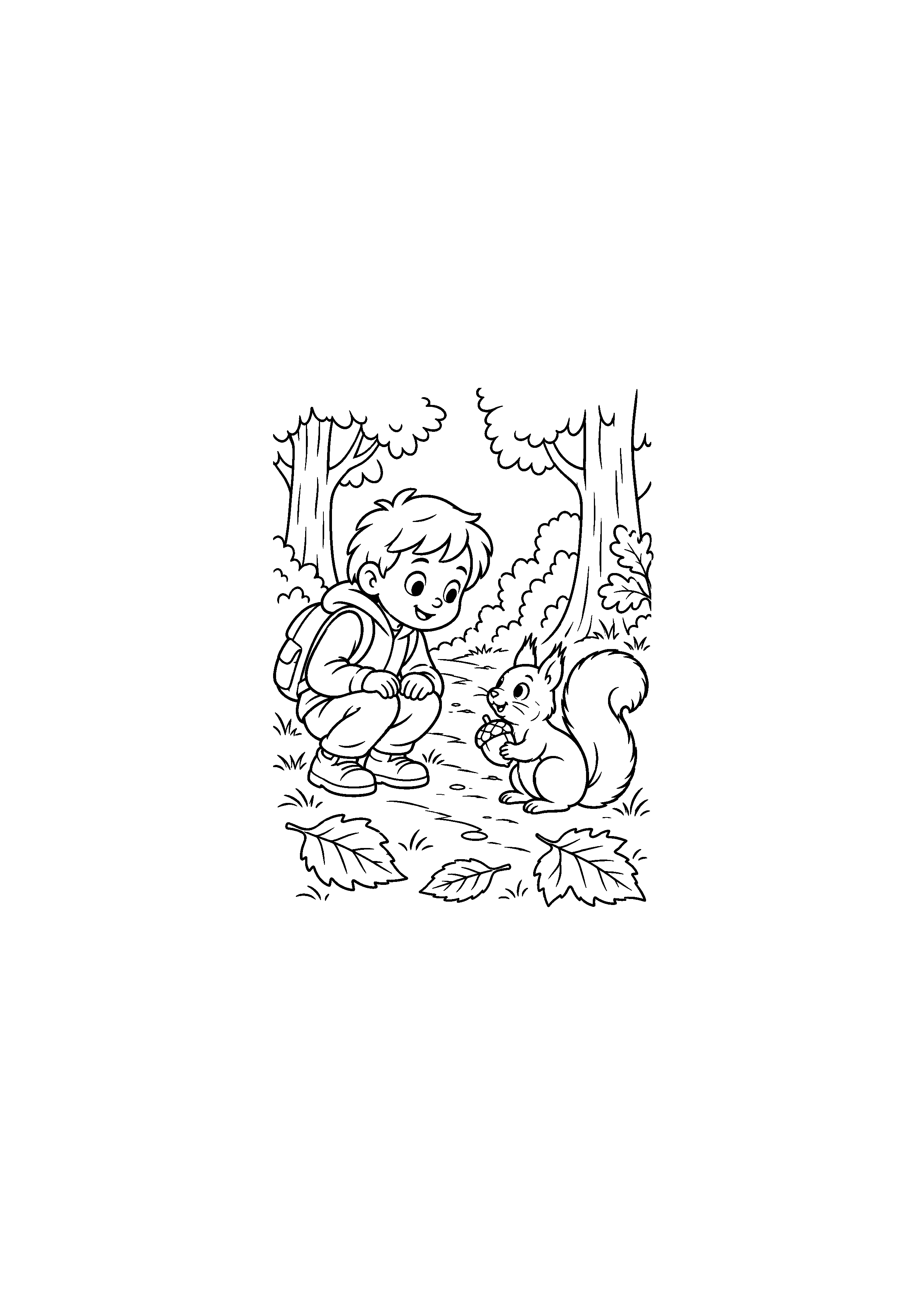 Coloriage noir et blanc représentant enfant observant un écureuil en forêt d'automne