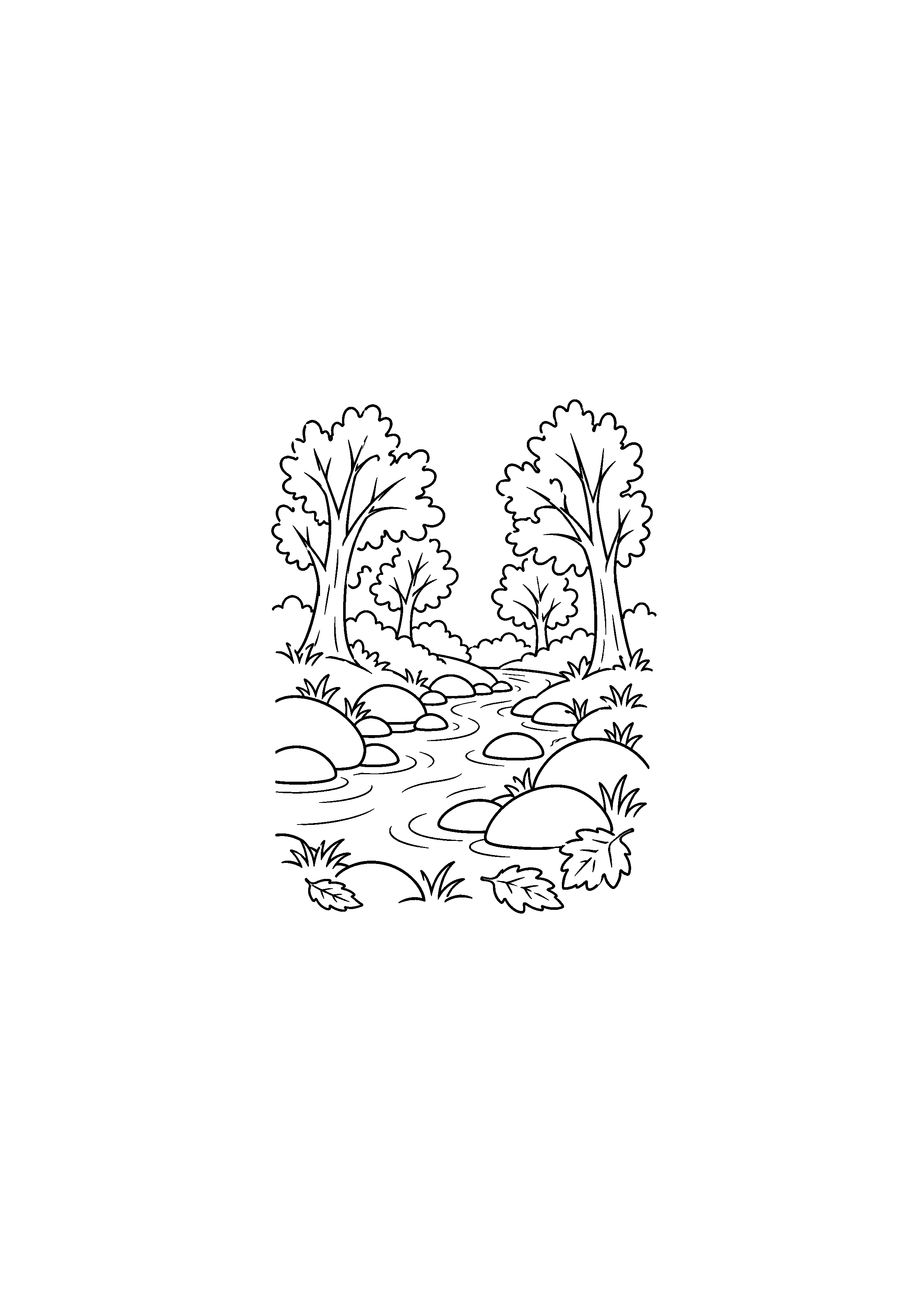 Coloriage noir et blanc représentant ruisseau entre les arbres en forêt d'automne