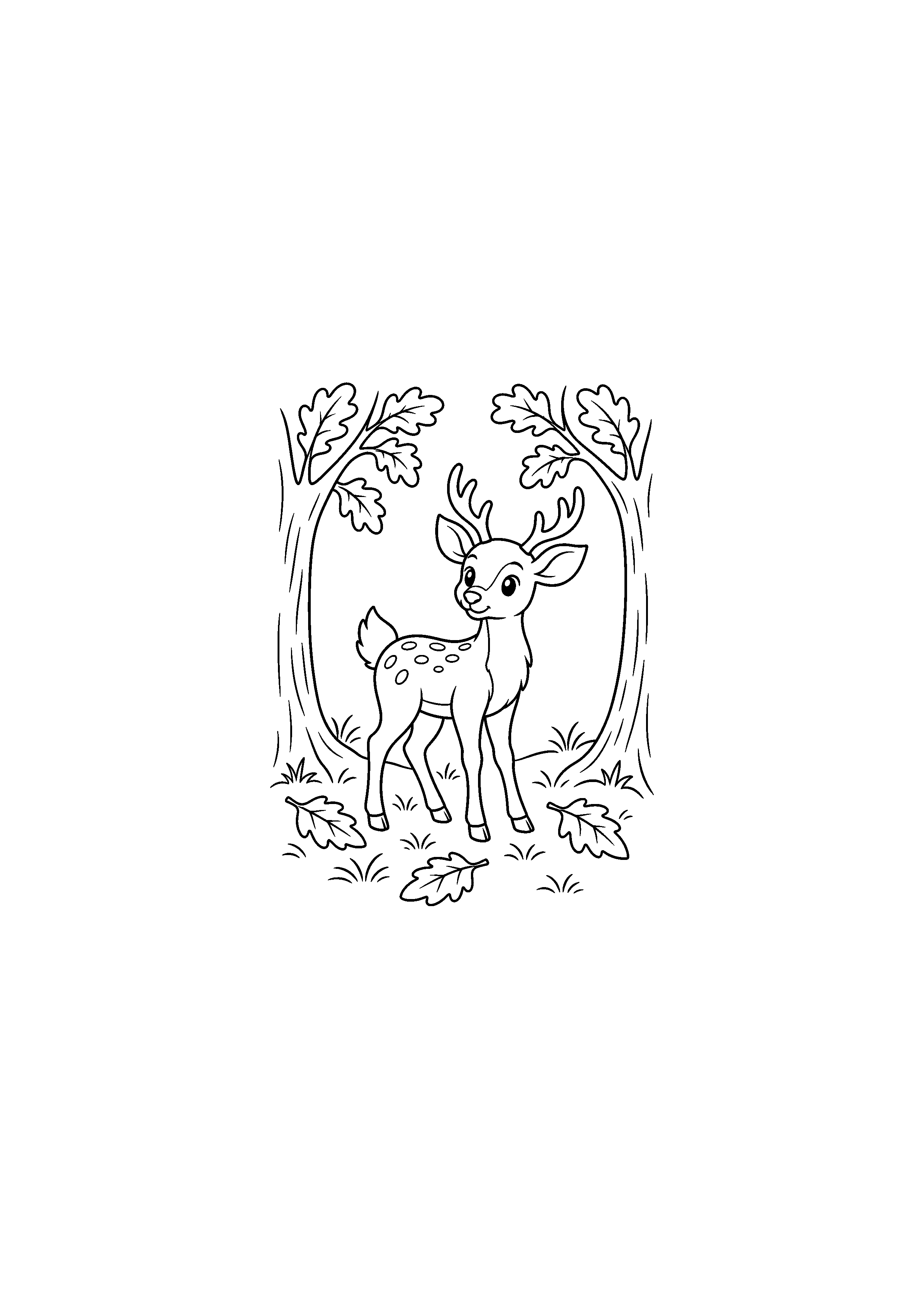 Coloriage noir et blanc représentant cerf dans une clairière en forêt d'automne
