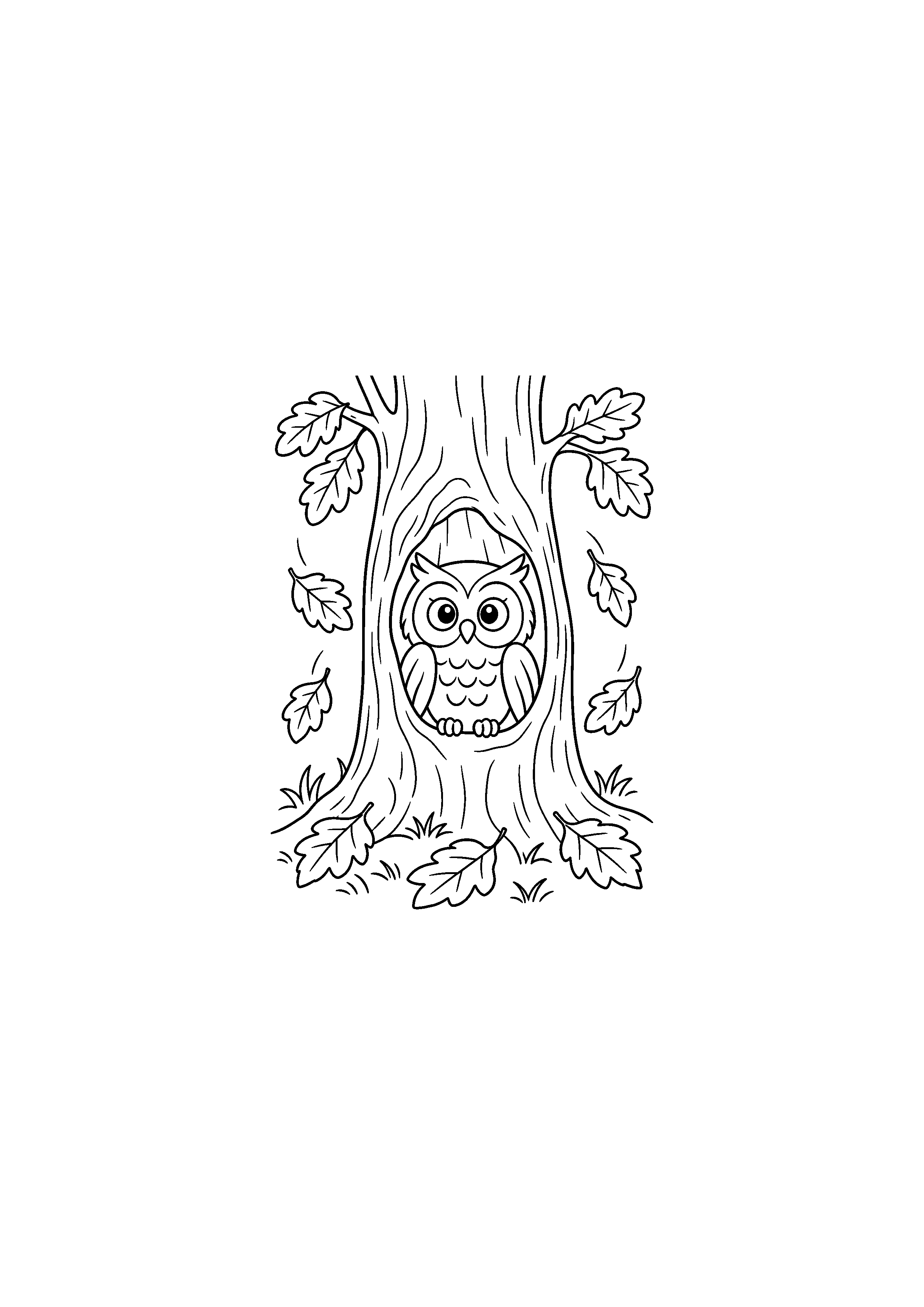 Coloriage noir et blanc représentant hibou dans un arbre creux en forêt d'automne