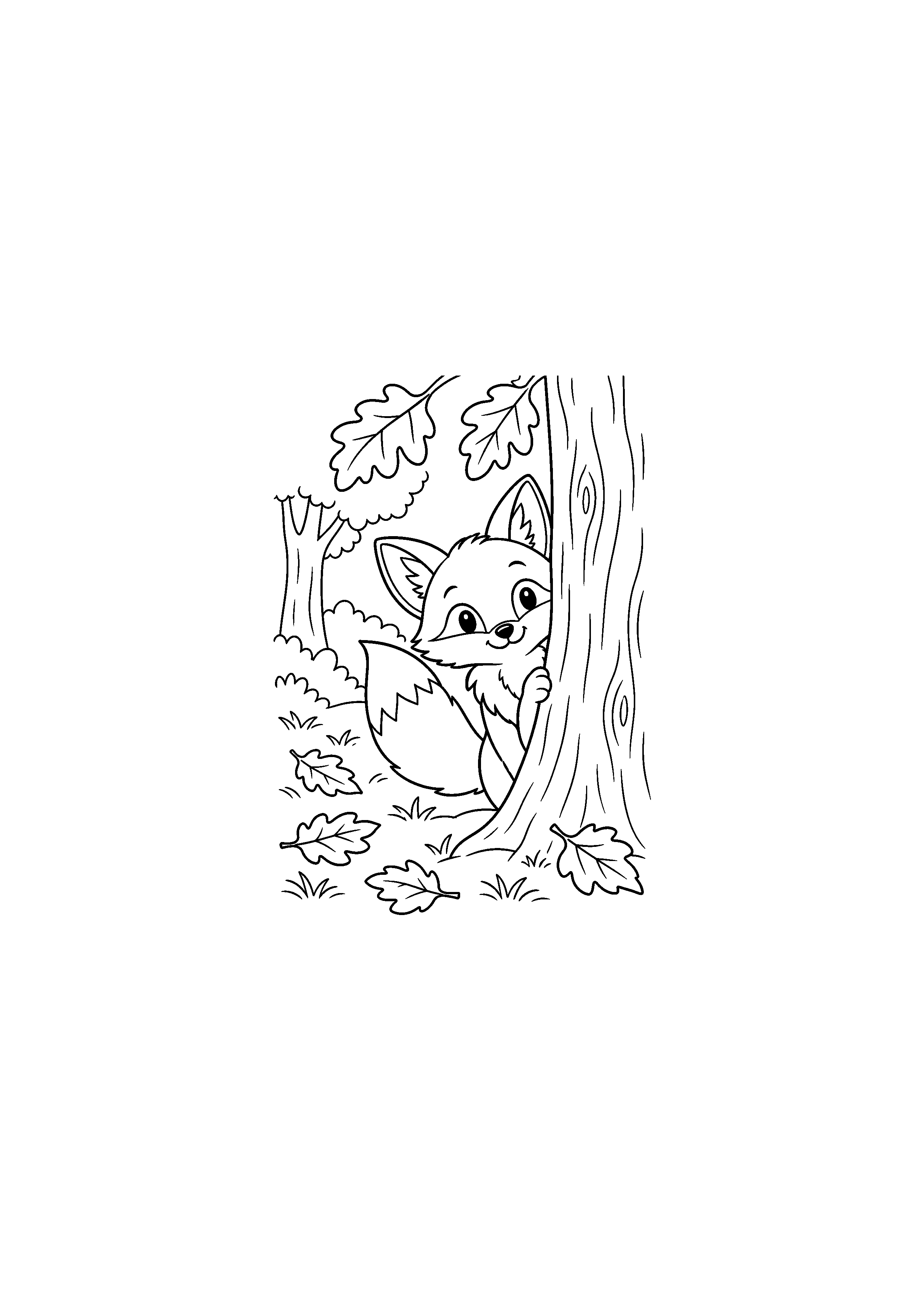 Coloriage noir et blanc représentant renard derrière un arbre en forêt d'automne