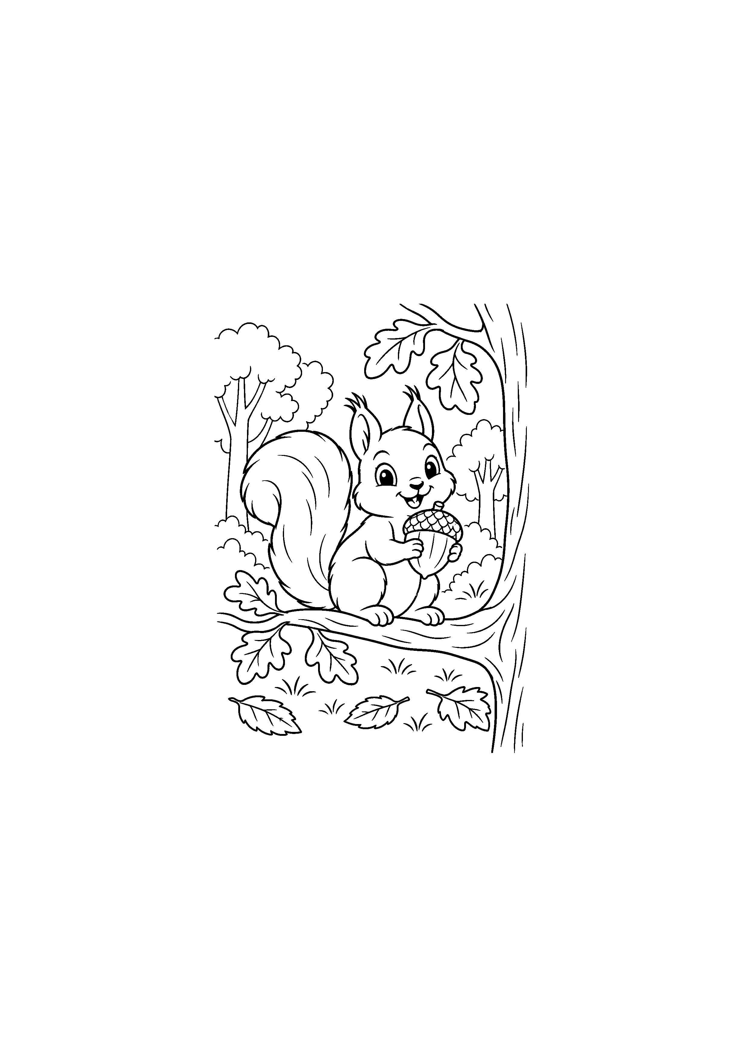 Coloriage noir et blanc représentant écureuil sur une branche en forêt d'automne