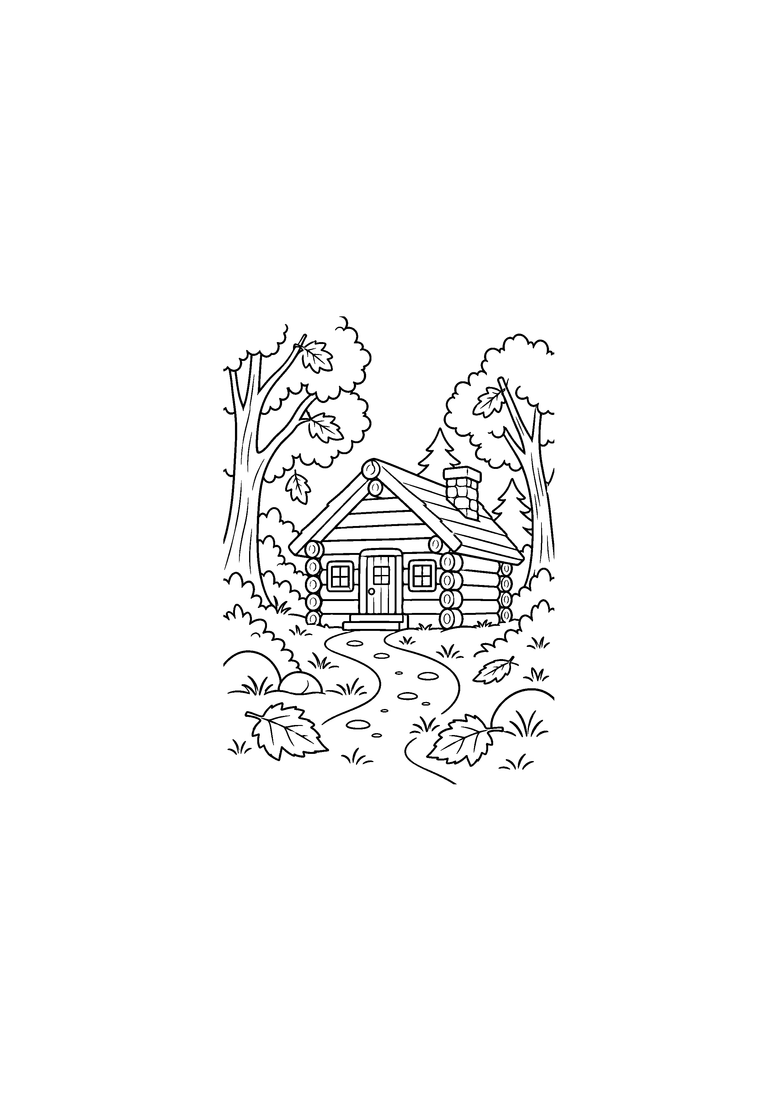 Coloriage noir et blanc représentant cabane en rondins en forêt d'automne
