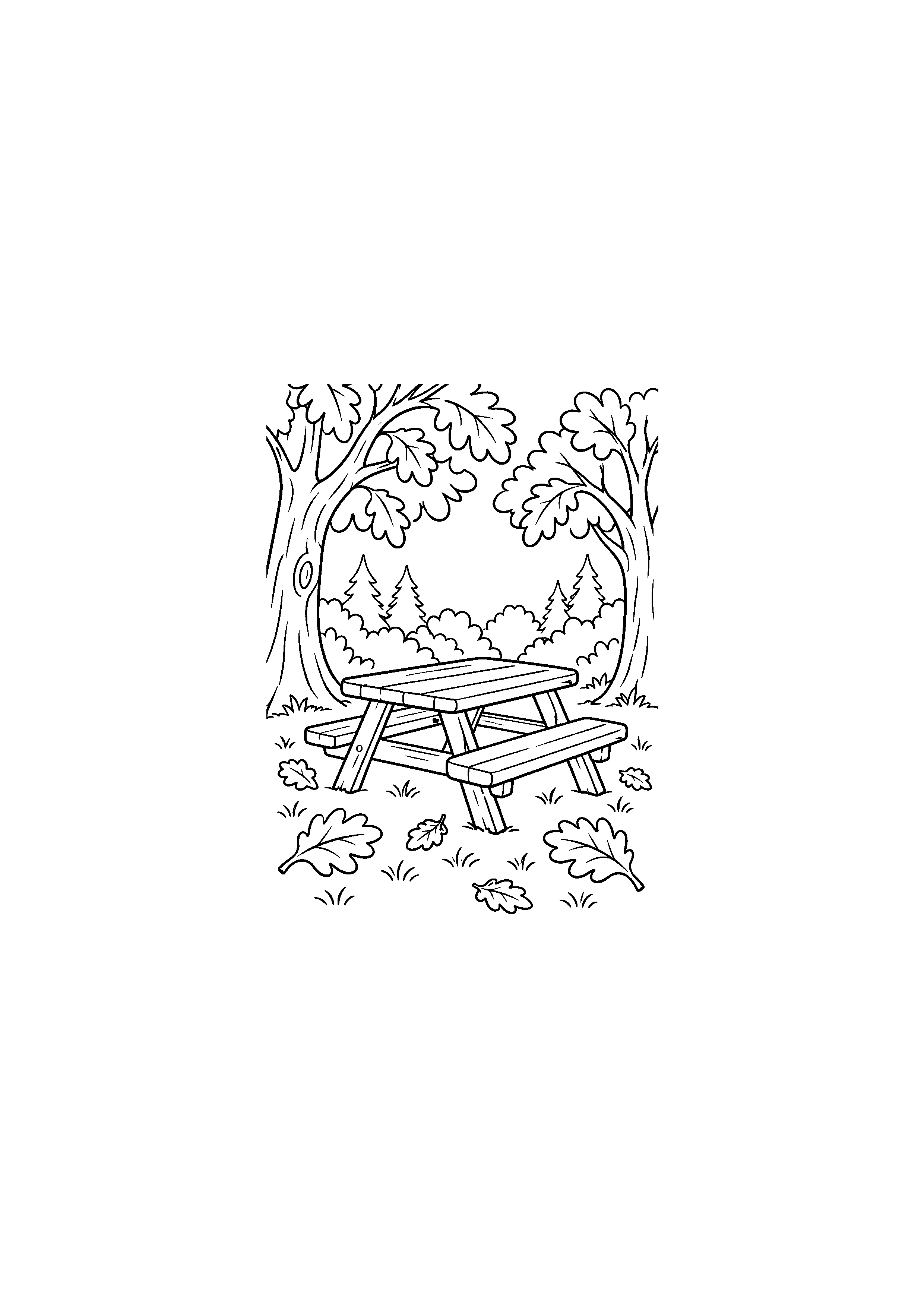 Coloriage noir et blanc représentant table de pique-nique en forêt en forêt d'automne