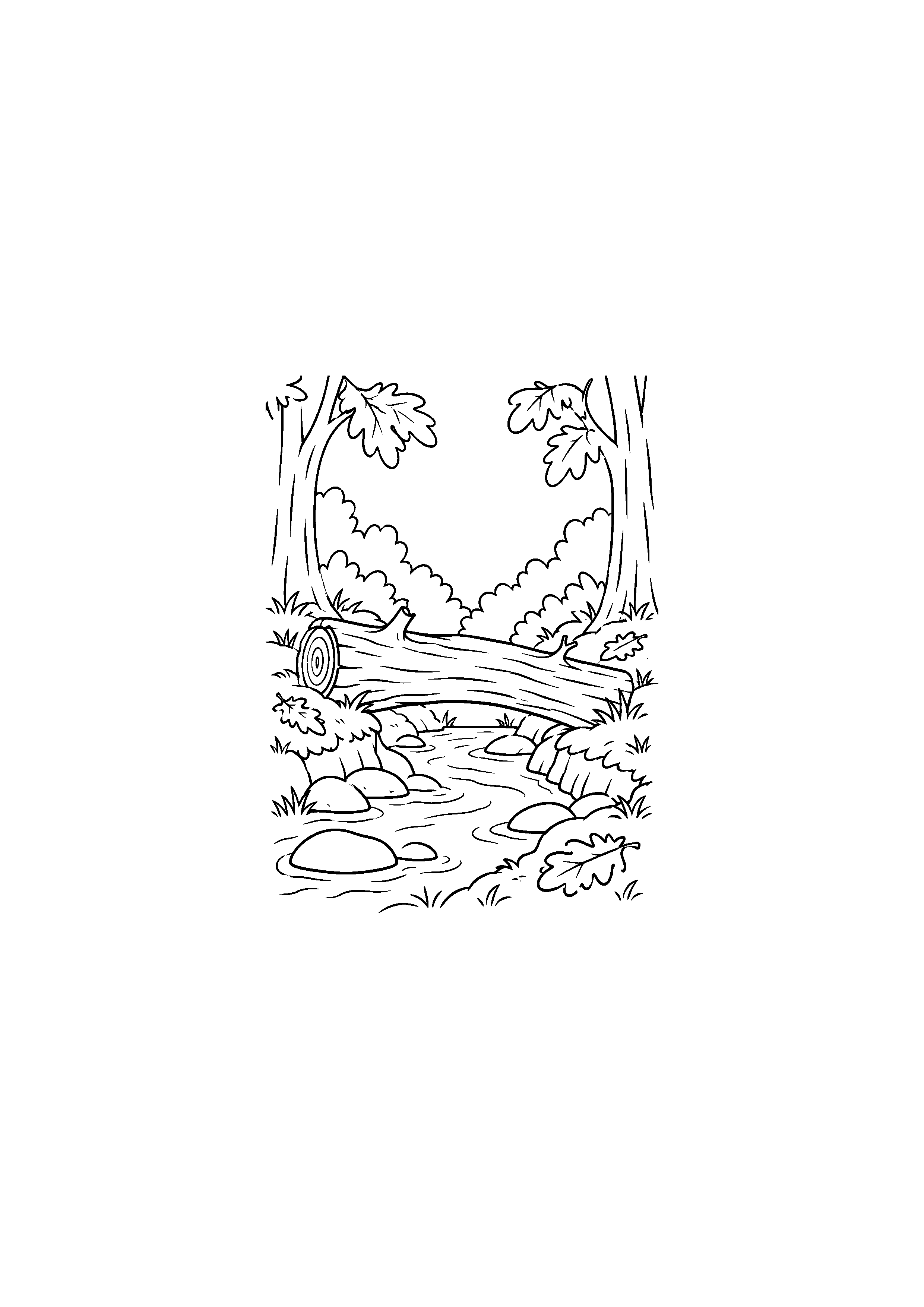 Coloriage noir et blanc représentant tronc-pont sur un ruisseau en forêt d'automne