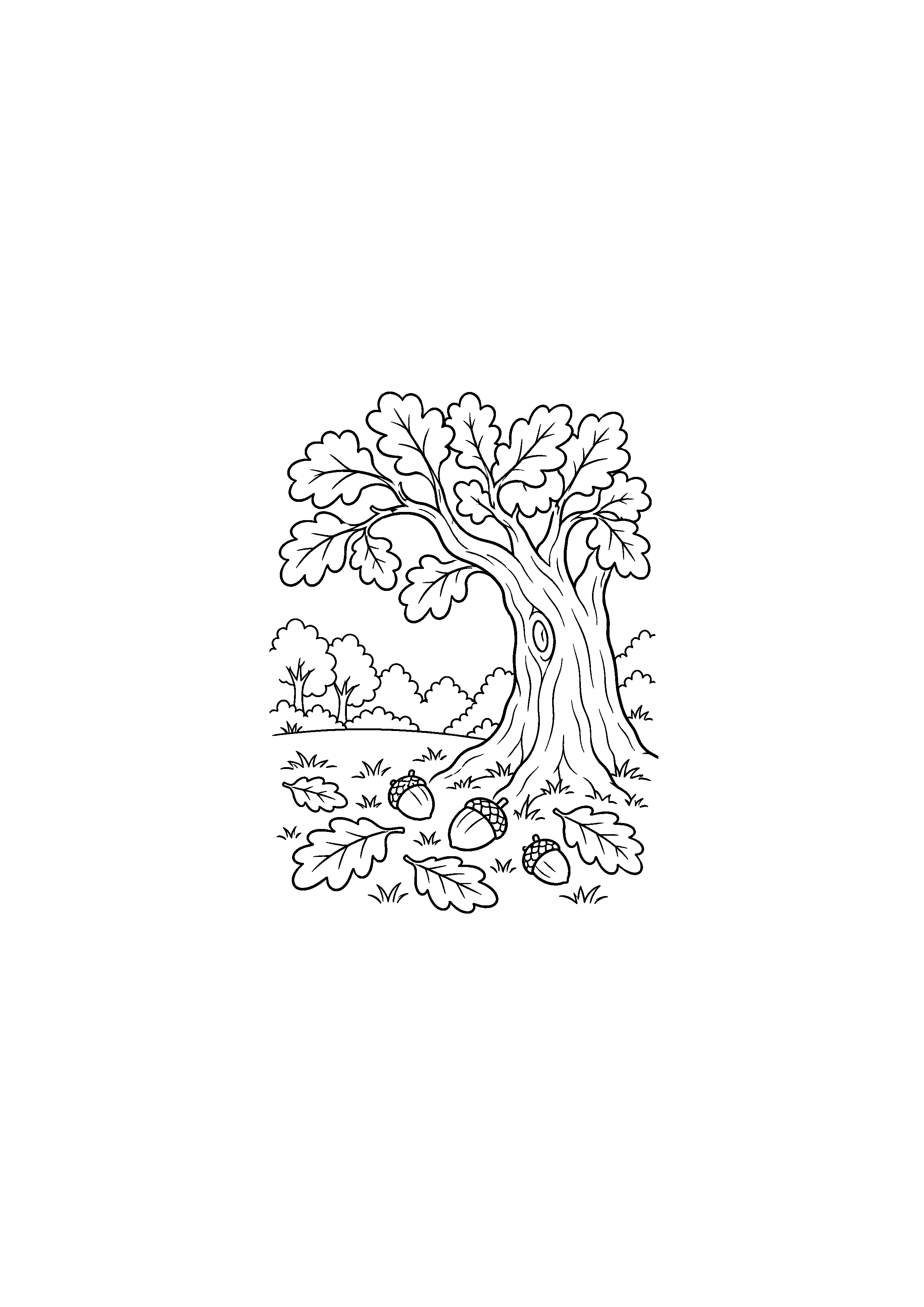 Coloriage noir et blanc représentant grand chêne en clairière en forêt d'automne