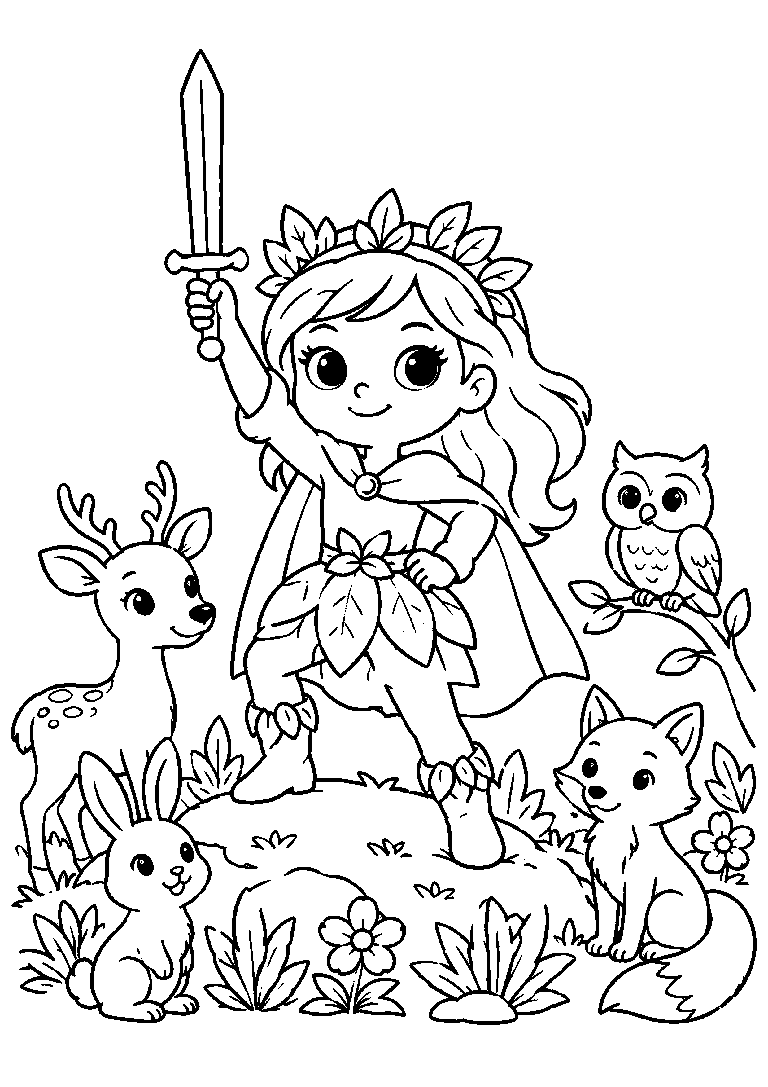 Coloriage jeune princesse avec animaux de forêt à imprimer gratuitement