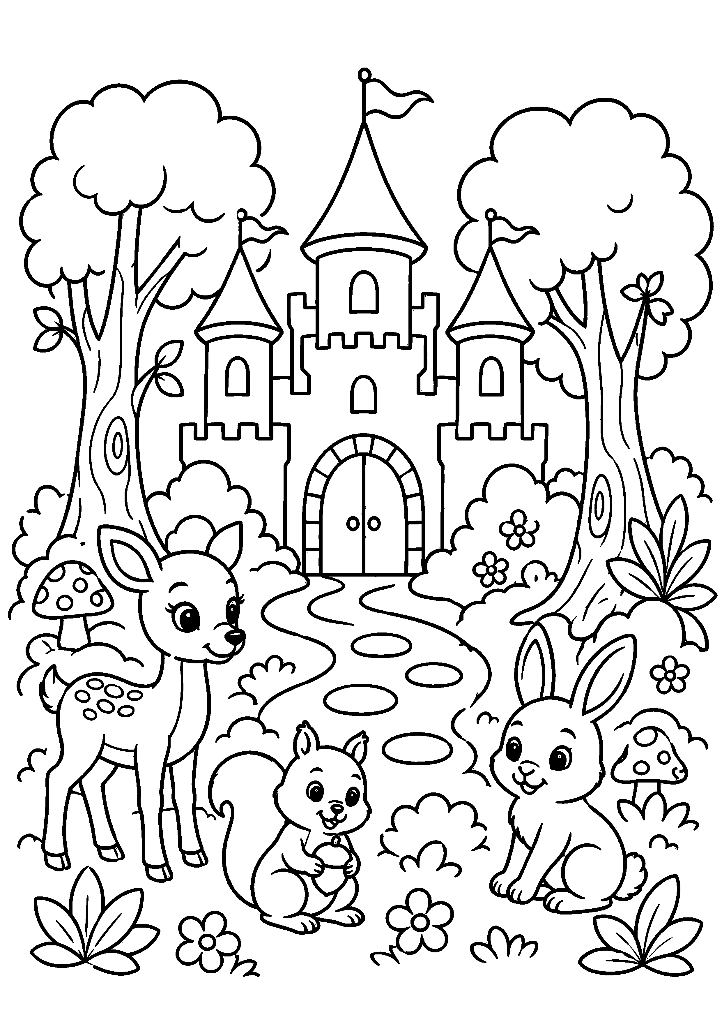Coloriage château enchanté avec animaux à imprimer gratuitement