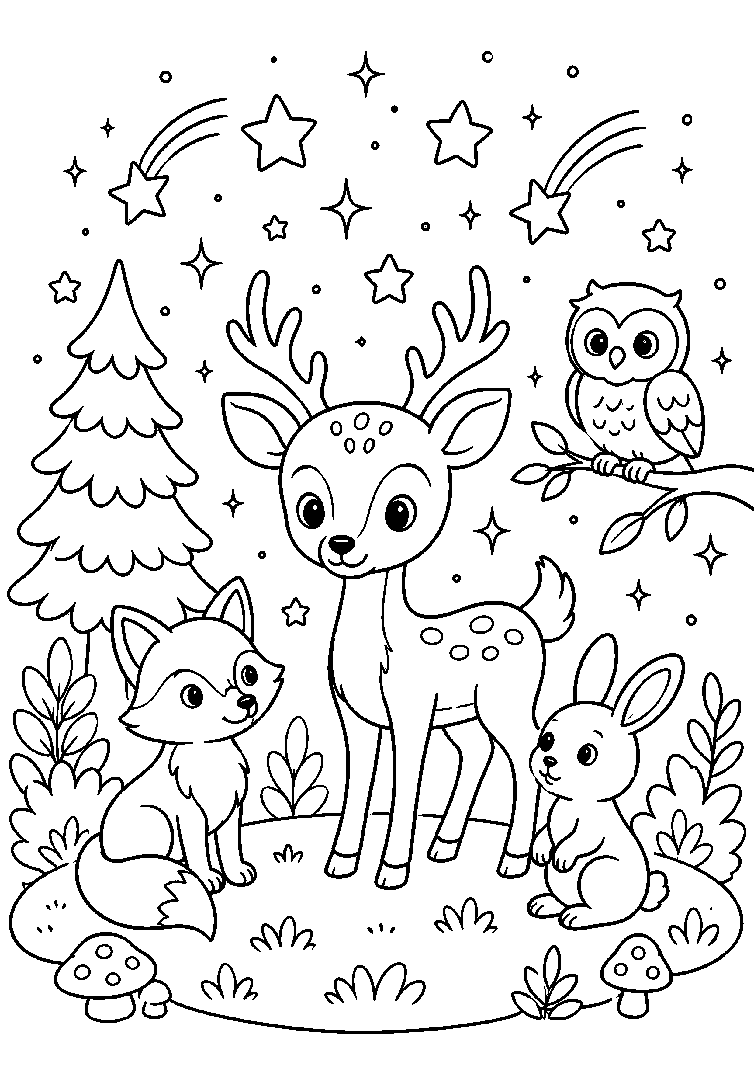 Coloriage cerf magique sous les étoiles avec hibou, renard et lapin à imprimer gratuitement