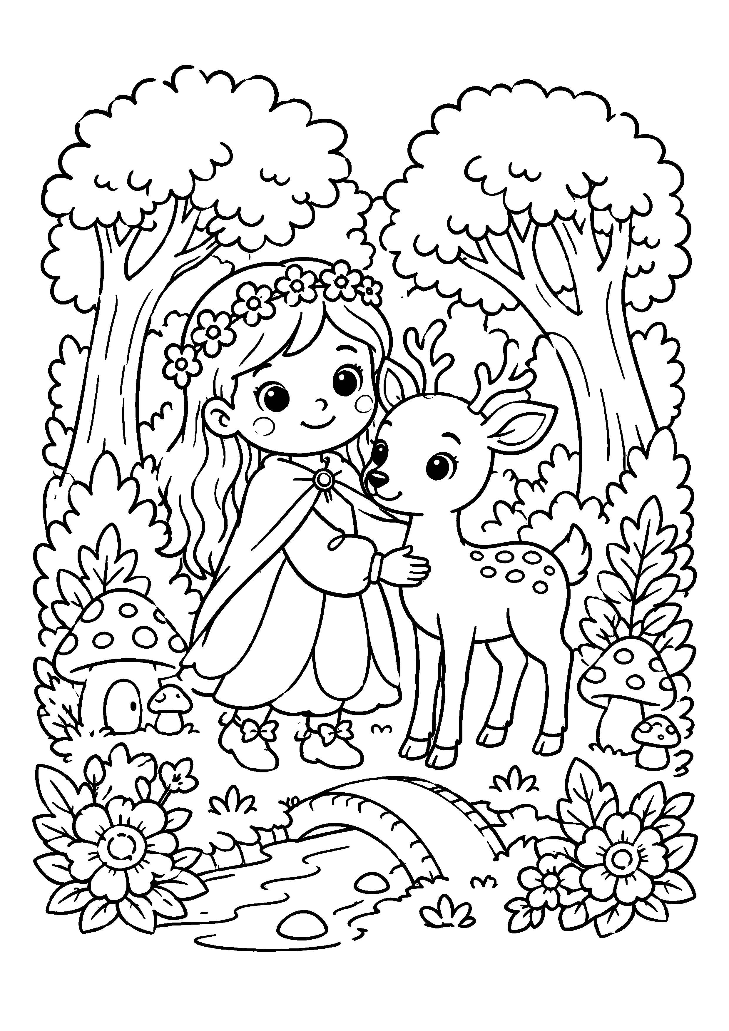 Coloriage jeune fée avec un faon dans une forêt fleurie à imprimer gratuitement